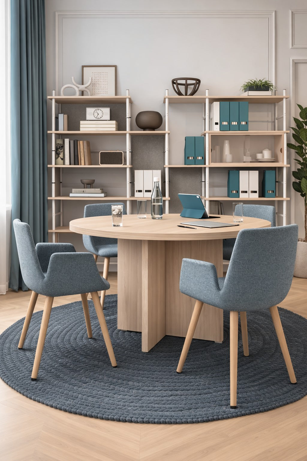 La salle de réunion d'un bureau moderne est équipée d'une Table de réunion ronde Olympe 4 à 6 personnes de Monsieur Bureau, de quatre chaises bleues rembourrées, d'un tapis bleu et d'étagères contenant des livres, des objets de décoration et une plante en pot, le tout éclairé par la lumière naturelle.#finitions_acacia_clair