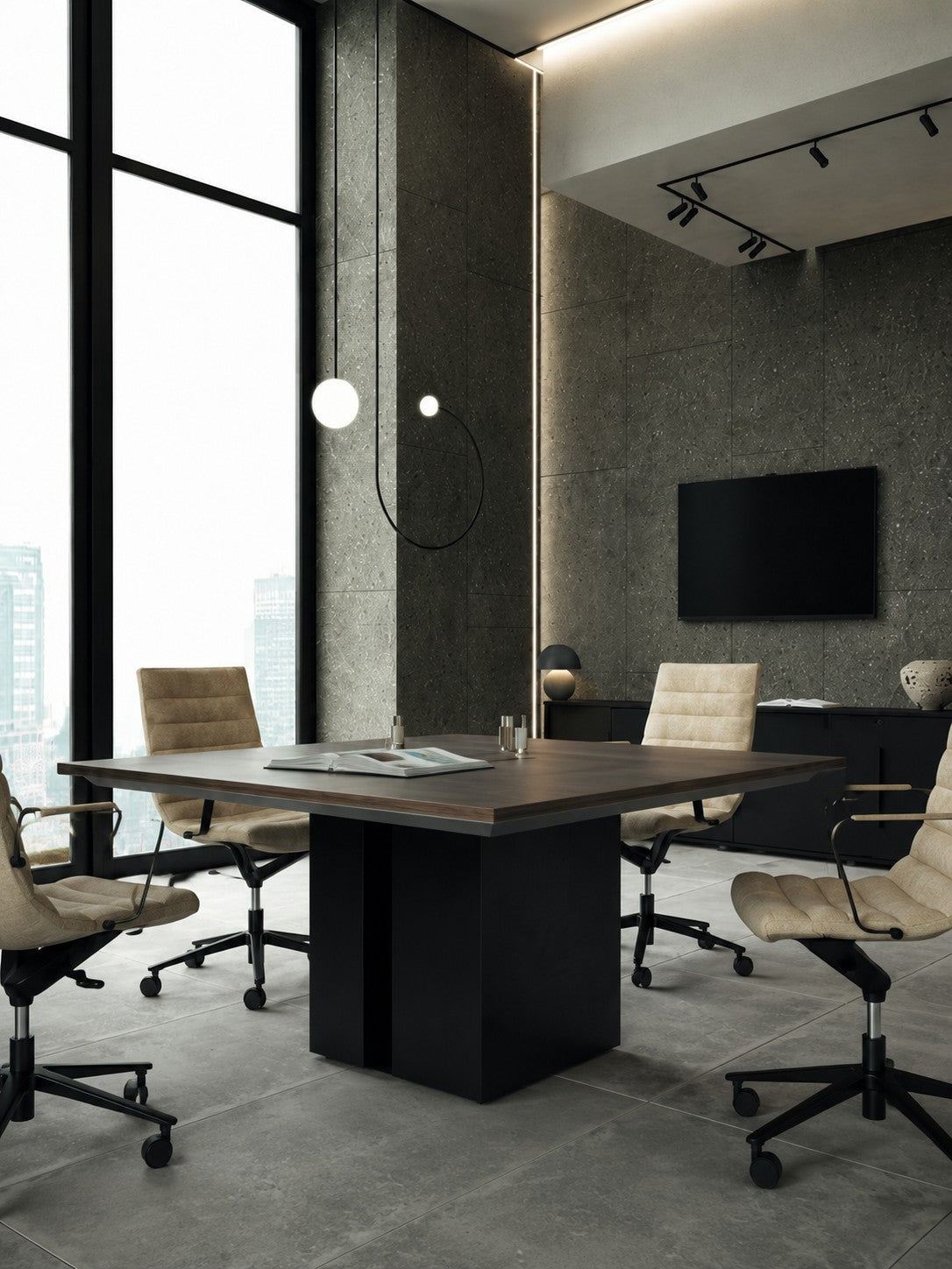 Table de Réunion Design ONO Placage Bois Noyer avec Top Access