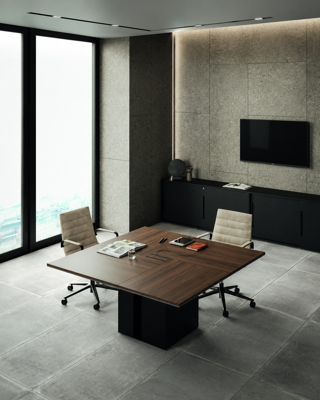 Table de Réunion Design ONO Placage Bois Noyer avec Top Access