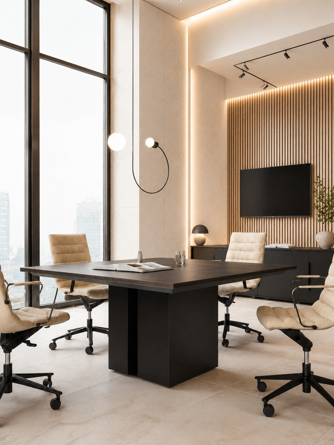 Table de Réunion Design ONO Placage Bois Noyer avec Top Access