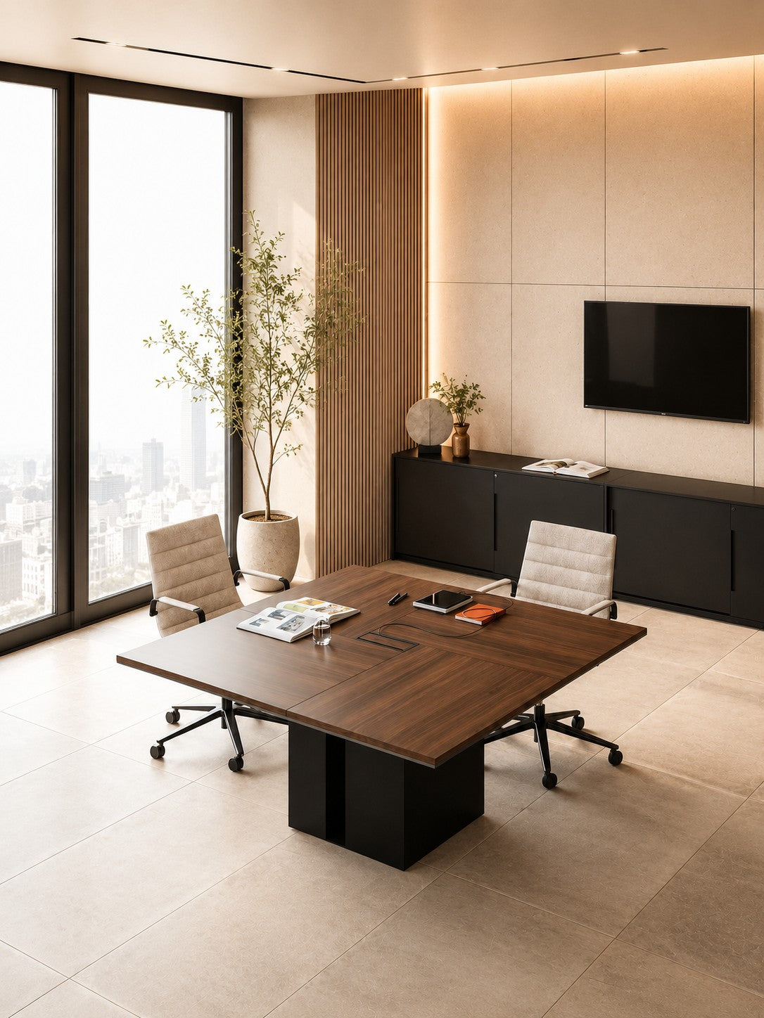 Table de Réunion Design ONO Placage Bois Noyer avec Top Access
