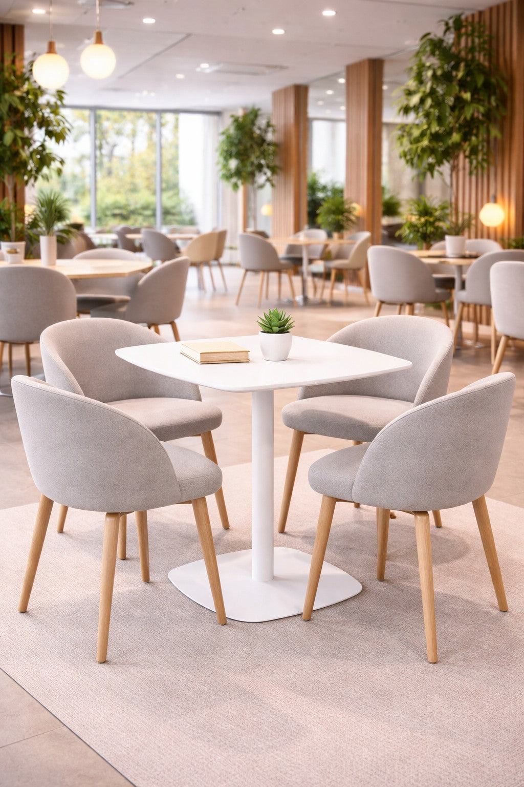 Un café moderne avec des chaises gris clair autour d'une table de collectivité Kafeta - Plateau MDF de Monsieur Bureau. Des accents en bois, des plantes vertes, de grandes fenêtres et un éclairage doux complètent cet espace aéré et accueillant.#finitions_blanc