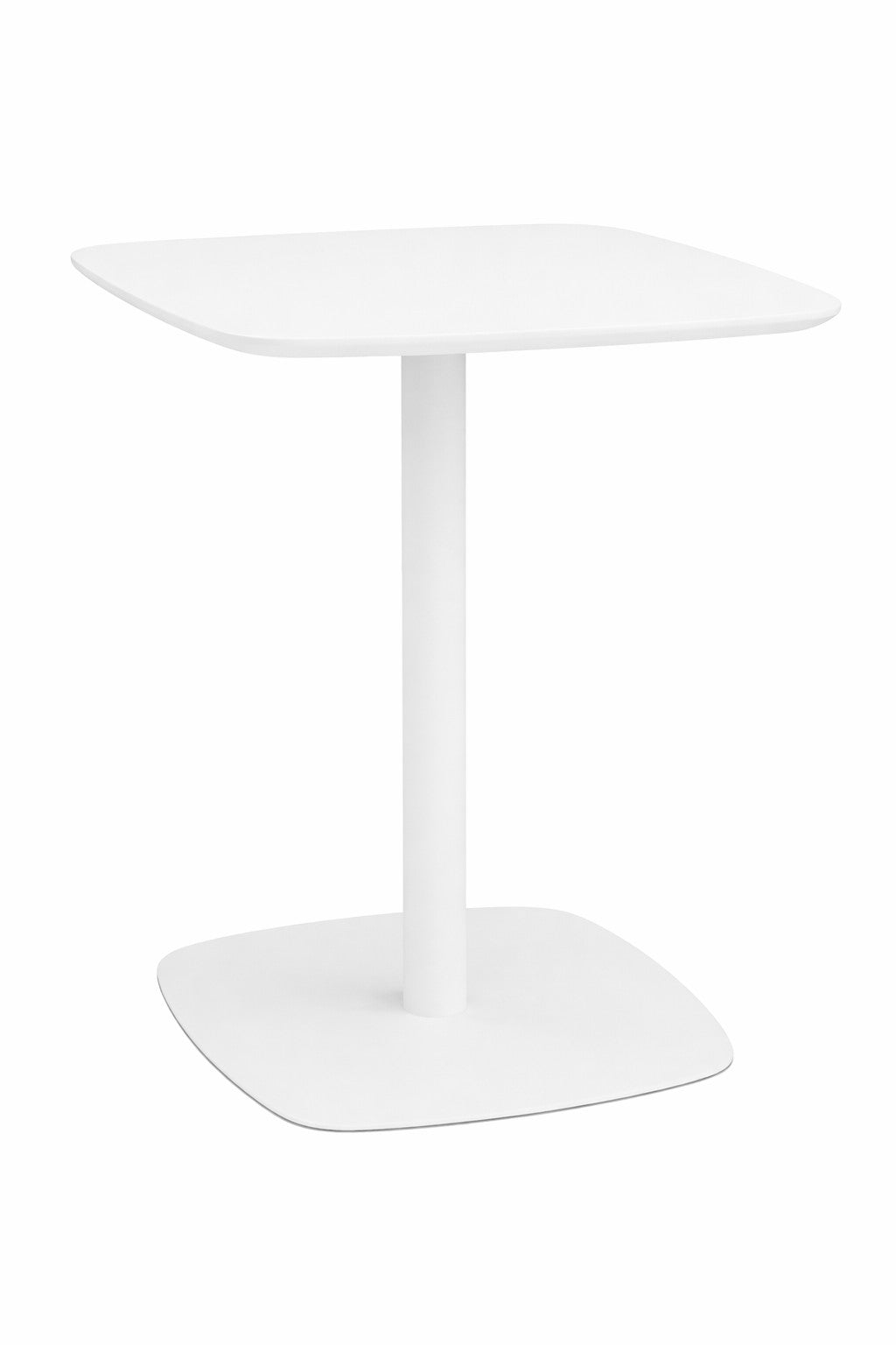 La Table de collectivité Kafeta - Plateau MDF de Monsieur Bureau est une table blanche moderne et minimaliste avec un plateau et une base carrés, soutenus par un pied central cylindrique, présenté sur un fond blanc uni.