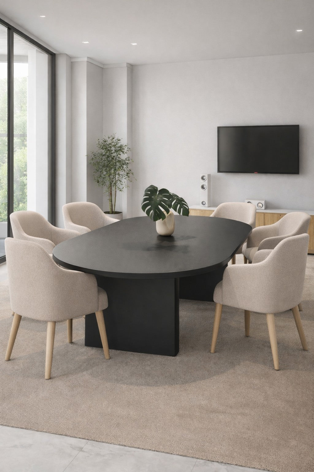 Une salle de conseil moderne avec une table de réunion ovale Olympe 12 à 24 personnes de Monsieur Bureau, six chaises beiges rembourrées, un tapis marron clair, une plante en pot, une télévision murale et de grandes fenêtres laissant entrer la lumière naturelle.#finitions_noir