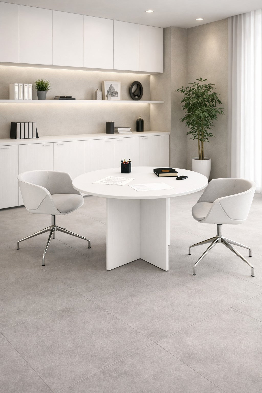 Bureau moderne équipé d'une Table de réunion Budget ronde Ø120 de Monsieur Bureau, de deux chaises pivotantes blanches, de papiers et de stylos posés sur la table, d'étagères et d'armoires encastrées, d'une plante en pot et d'un décor neutre avec une lumière naturelle abondante.#finitions_blanc