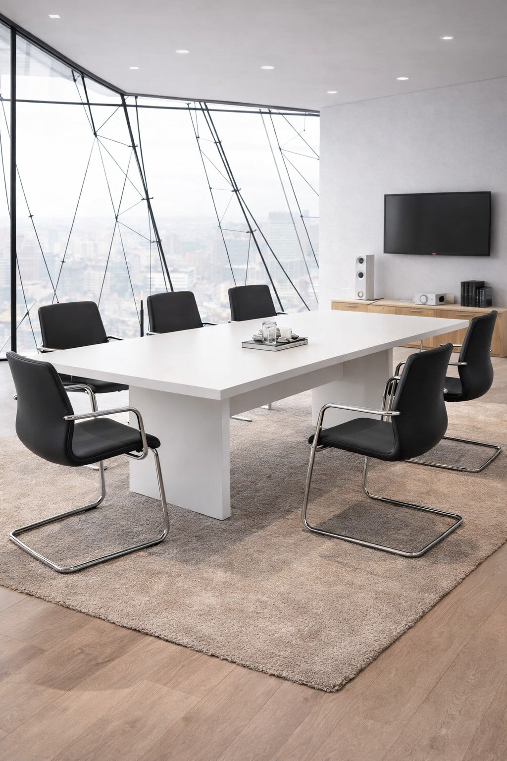 Une salle de conférence moderne avec une table de réunion rectangulaire Olympe 10 à 12 personnes de Monsieur Bureau, six chaises noires, un tapis beige, une télévision murale et de grandes fenêtres donnant sur la ville - idéal pour tout mobilier professionnel.