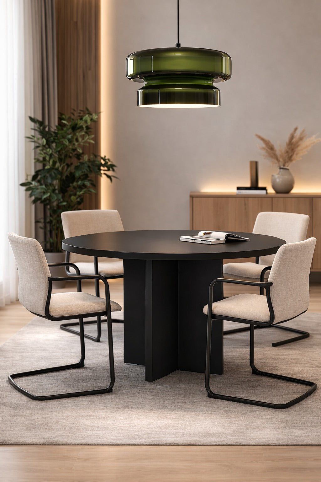 Une salle à manger moderne avec Monsieur Bureau Table de réunion ronde Olympe 4 à 6 personnes, quatre chaises beiges avec des cadres noirs, une grande lampe suspendue verte, un tapis, une plante en pot dans le coin, et un buffet avec un décor pour un mobilier de bureau élégant.#finitions_noir