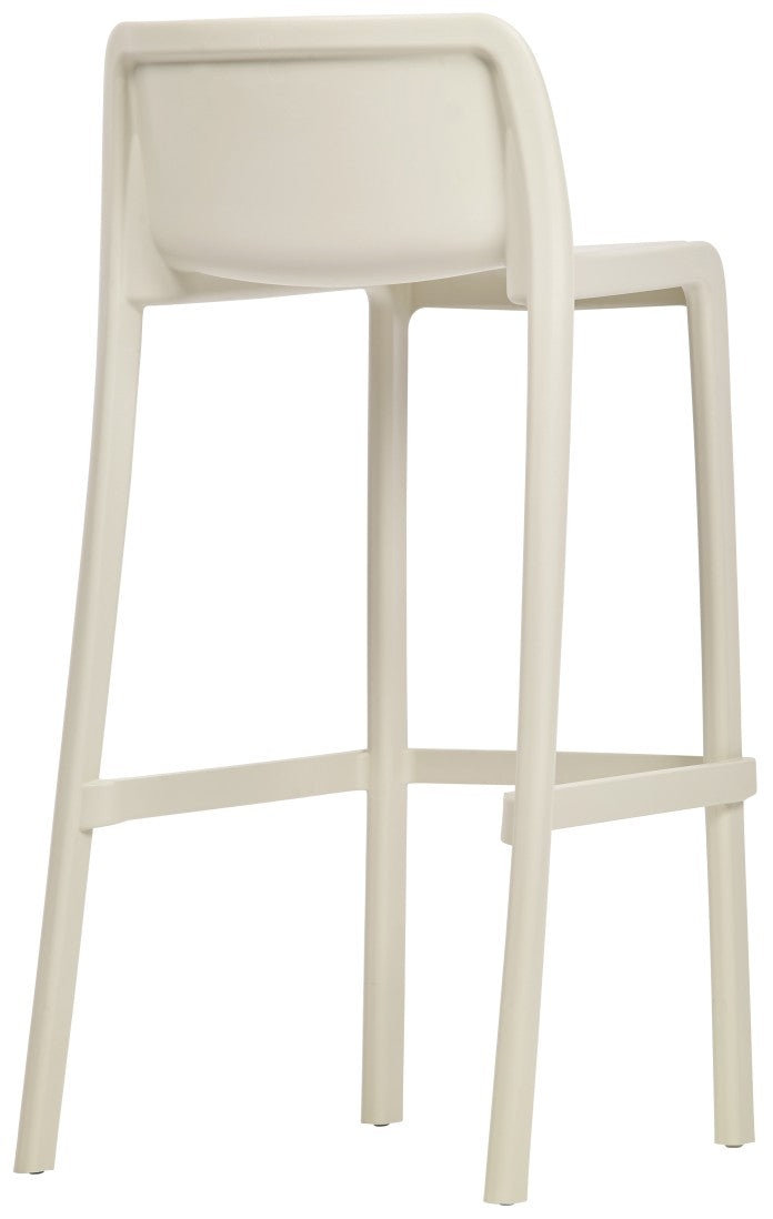 Le Tabouret Haut Leus en Polypropylène Anti-UV de Monsieur Bureau, avec dossier courbé et quatre pieds droits, offre un design moderne idéal pour collectivités ou comme tabouret de bar extérieur. Vu de l'arrière sur fond uni.