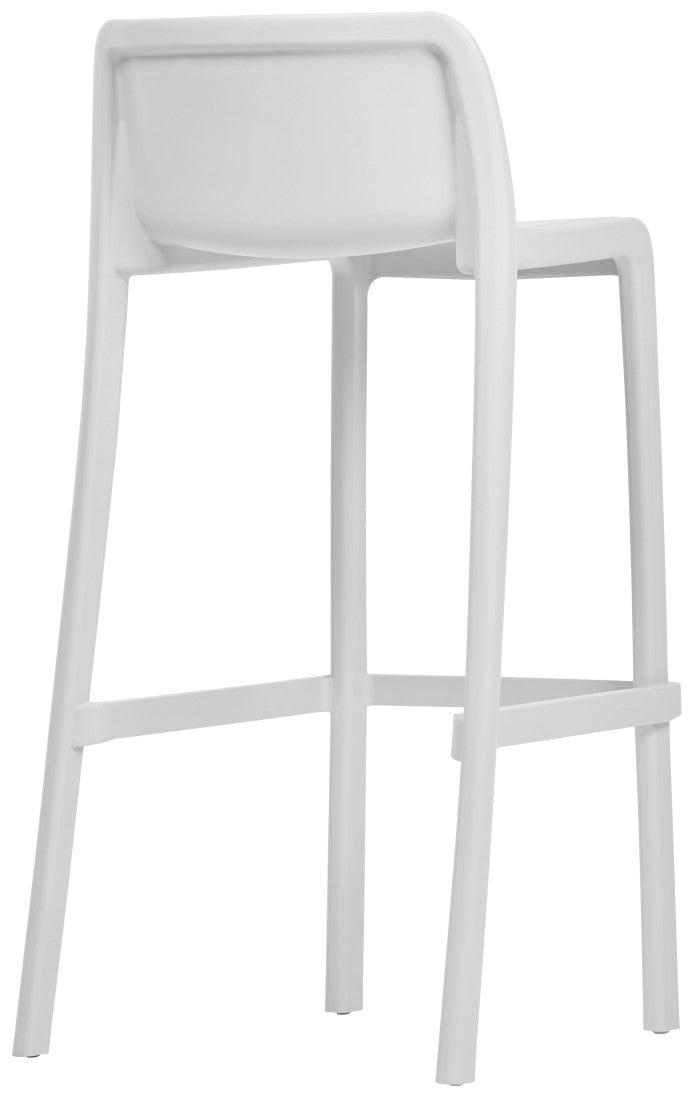 Le Tabouret Haut Leus en Polypropylène Anti-UV de Monsieur Bureau est un tabouret professionnel blanc moderne avec un dossier incurvé et quatre pieds droits, idéal pour le mobilier collectif et parfait pour les espaces contemporains.