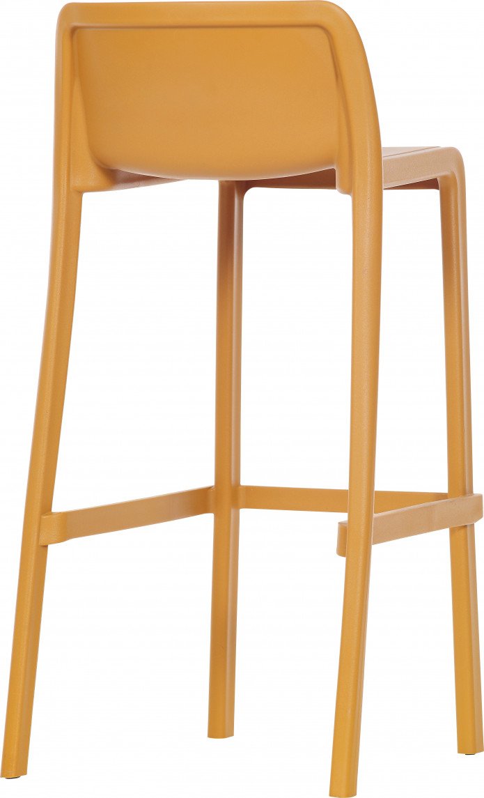 Le Tabouret Haut Leus en Polypropylène Anti-UV de Monsieur Bureau est doté d'un dossier haut et d'un repose-pieds en plastique jaune moutarde mat, présenté de l'arrière sur fond blanc - parfait pour tout mobilier collectif.