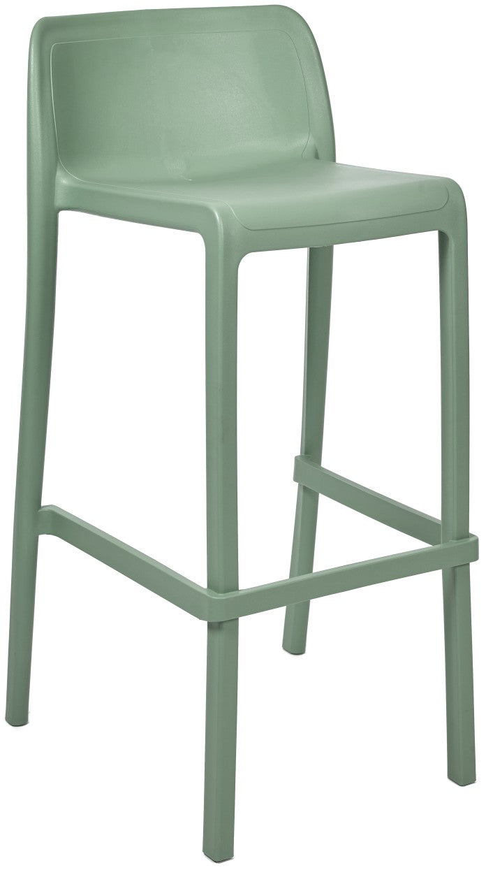 Le Tabouret Haut Leus en Polypropylène Anti-UV de Monsieur Bureau est un tabouret professionnel moderne, de couleur vert clair, au design minimaliste, avec un dossier légèrement incurvé, une assise carrée et un repose-pieds horizontal reliant quatre pieds droits.#finitions_olive