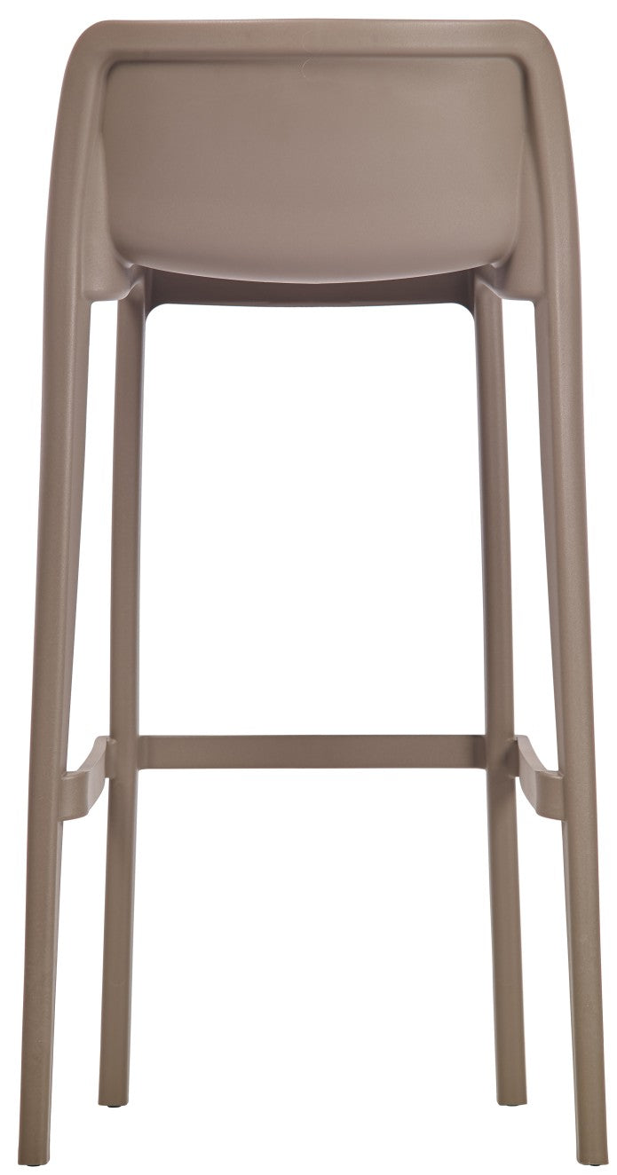 Vue arrière du Tabouret Haut Leus en Polypropylène Anti-UV de Monsieur Bureau, en taupe, avec une assise solide, un dossier et quatre pieds droits - parfait pour les environnements de mobilier collectif.