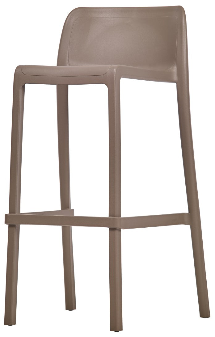 Le Tabouret Haut Leus en Polypropylène Anti-UV de Monsieur Bureau est un tabouret haut professionnel moderne de couleur taupe avec un dossier incurvé et une assise carrée, parfait pour les espaces contemporains.