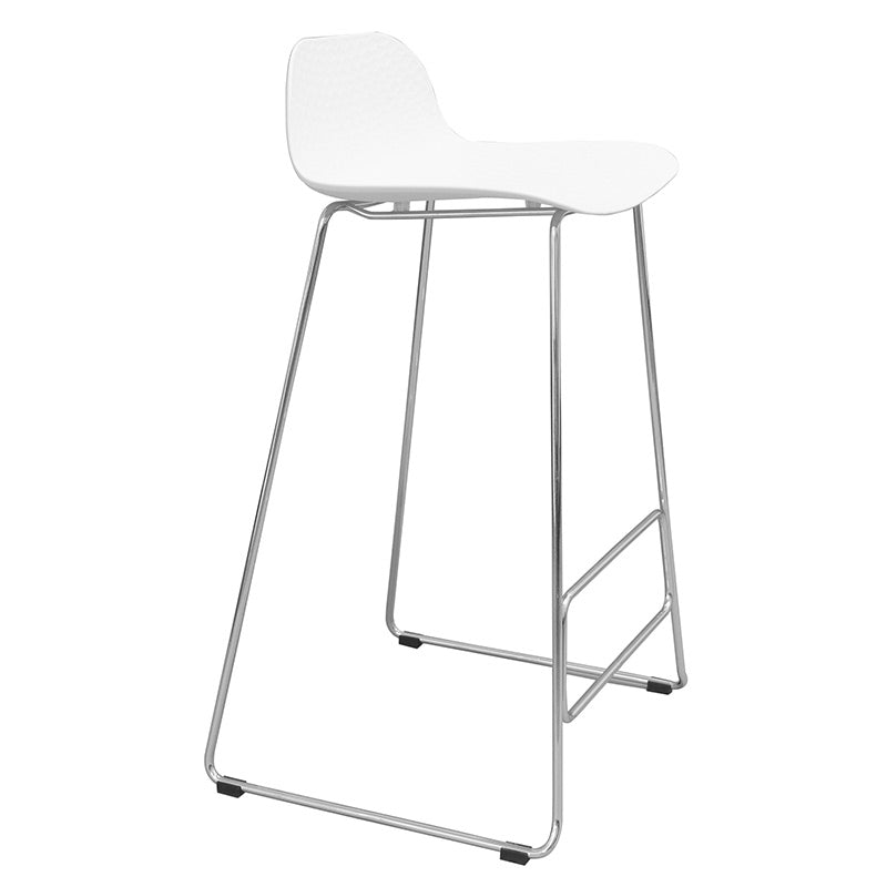 Le Tabouret haut Pictor de Monsieur Bureau allie une assise ergonomique blanche en polypropylène à un piétement métal fin, avec repose-pieds et patins noirs-parfait pour l'aménagement des espaces collectifs.
