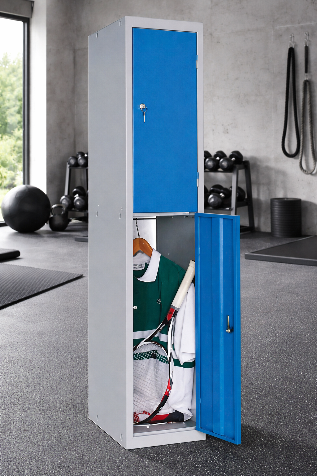 Un Vestiaire métallique Talos 2 portes - 1 à 3 colonnes de Monsieur Bureau est ouvert dans un gymnase, montrant une veste verte et blanche sur un cintre et deux raquettes de badminton à l'intérieur, avec des équipements de fitness et des tapis à l'arrière-plan.