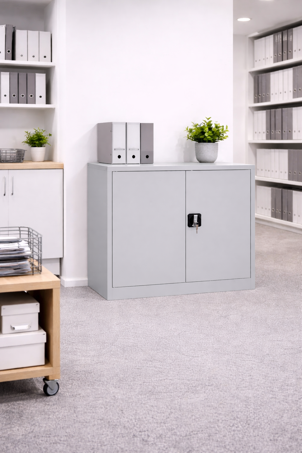 Un bureau moderne avec une moquette grise, des plantes en pot, une armoire Monsieur Bureau Basse Métal à portes battantes SOLID H100 cm pour un rangement sécurisé, et des étagères remplies de classeurs et de dossiers organisés.