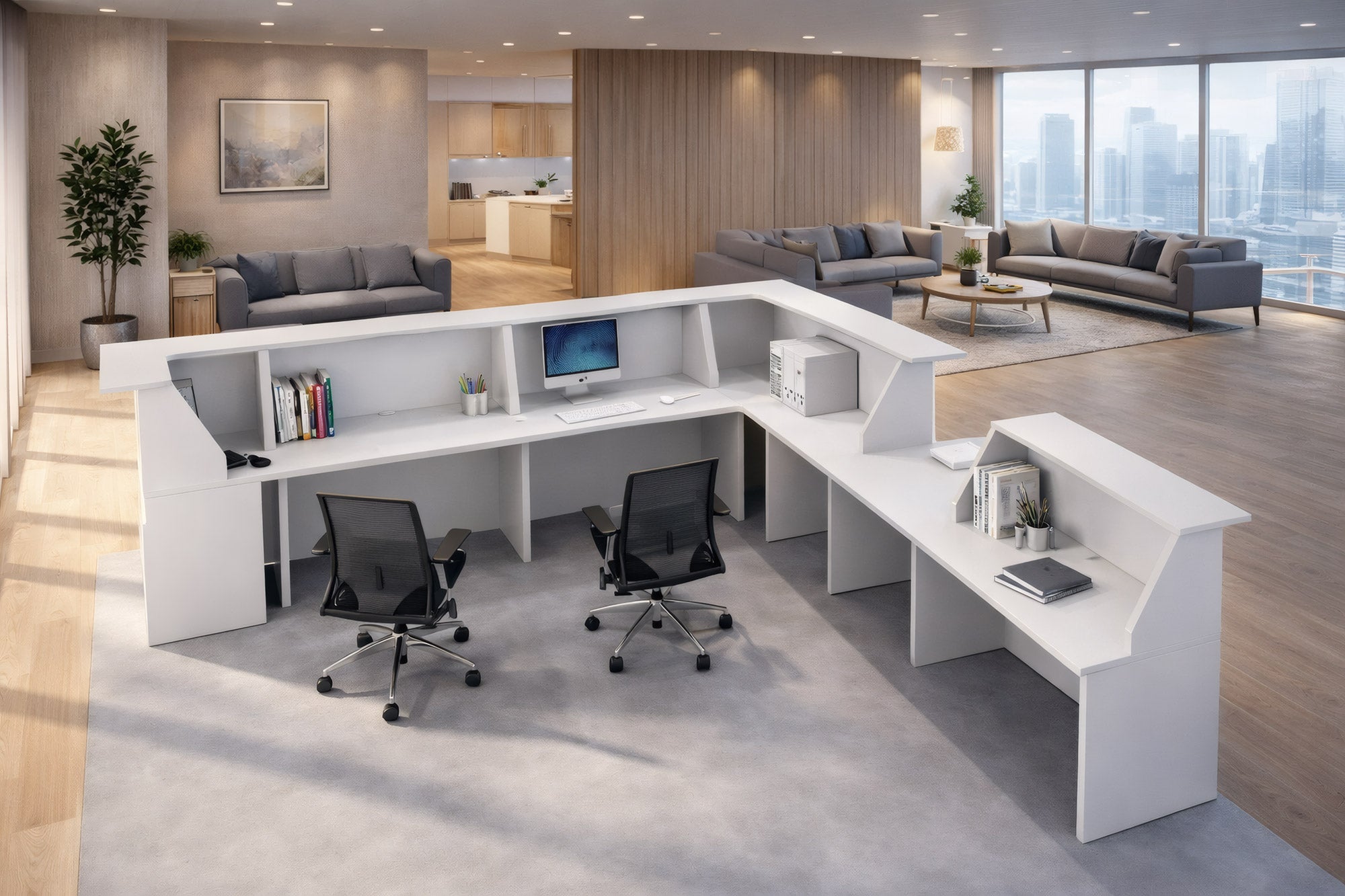 Hall d'entrée d'un bureau moderne avec une Banque d'accueil Professionnelle Muse à composer de Monsieur Bureau, deux chaises noires, un écran d'ordinateur, une imprimante et des étagères. En arrière-plan : des canapés, des plantes et de grandes fenêtres avec vue sur la ville.