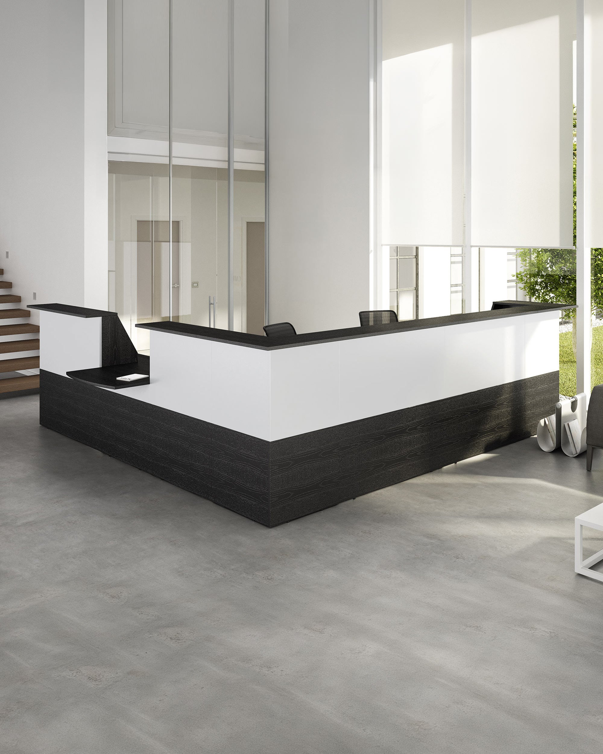 La Banque d'accueil Professionnelle Muse à composer de Monsieur Bureau, composée de panneaux modernes en noir et blanc, se trouve dans un hall d'entrée lumineux avec de grandes fenêtres, des sols en béton et un escalier sur le côté gauche. L'espace est minimaliste et vide de toute personne.