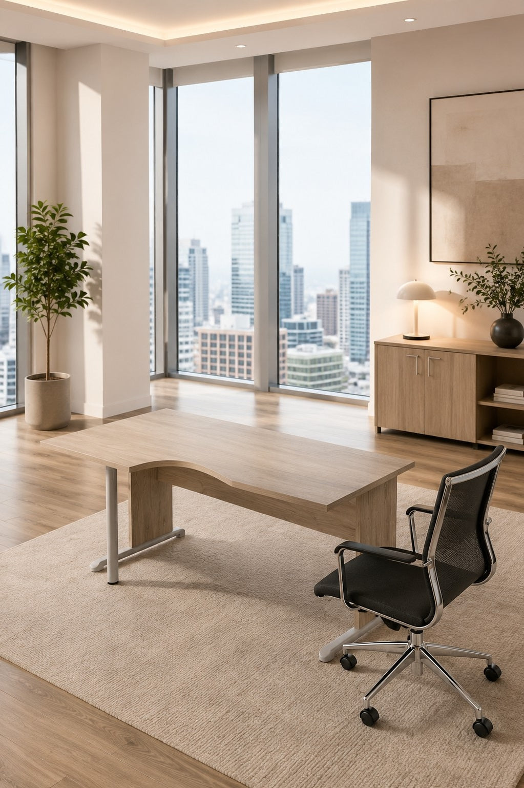 Un bureau moderne avec de grandes fenêtres donnant sur la ville, présentant la Solution de Bureau Compact Budget pieds L de Monsieur Bureau en bois clair sur un sol en bois brillant, ainsi qu'une plante verte en pot et une armoire assortie dans le coin..#combo_retour_a_gauche_chene_canadien