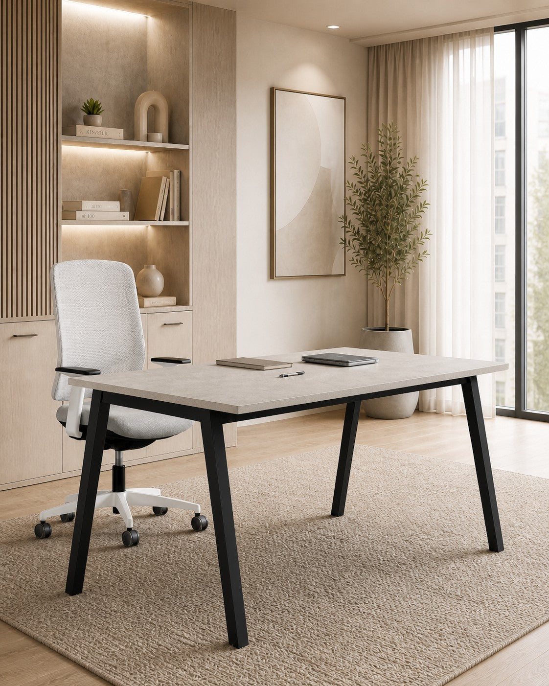 Un bureau moderne avec le Bureau droit Professionnel Pop Ace sans voile de fond de Monsieur Bureau, une chaise pivotante blanche, une grande fenêtre avec des rideaux transparents, une plante en pot, des étagères encastrées et un décor clair et neutre, idéal pour les espaces ouverts.