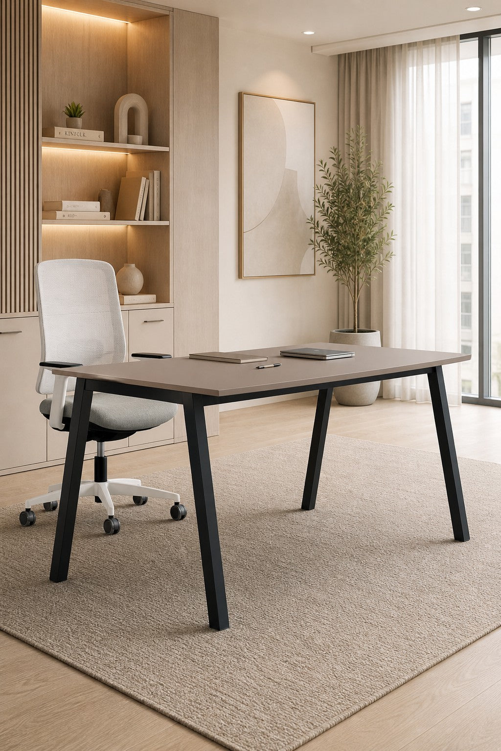 Un bureau moderne avec le Monsieur Bureau Bureau droit Professionnel Pop Ace sans voile de fond, une chaise pivotante blanche, des étagères, un art mural abstrait, une grande plante en pot et de grandes fenêtres avec des rideaux diaphanes - idéal pour tout espace de travail professionnel.
