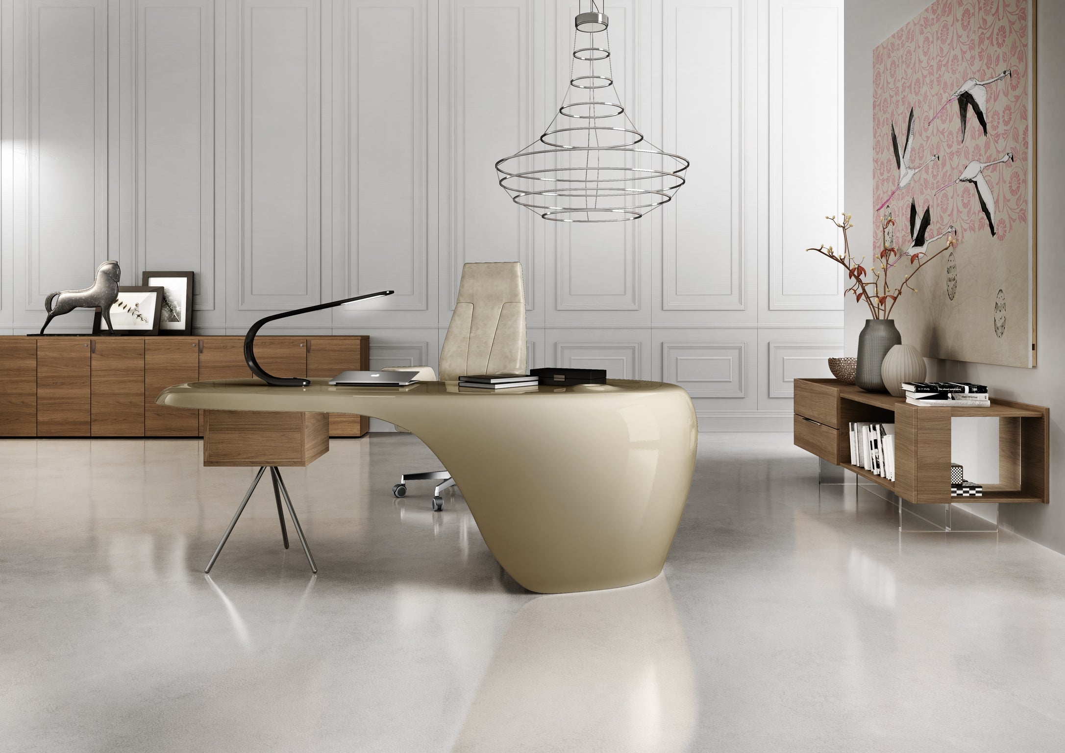 Un bureau moderne présente le Monsieur Bureau Bureau de direction ORBITAL One Laqué & Rangement, une chaise de prestige, un buffet en bois, une armoire, des vases, des objets d'art, un lustre en fil de fer et des murs lambrissés blancs ornés d'un oiseau rose.#finitions_matin_dore_metallise