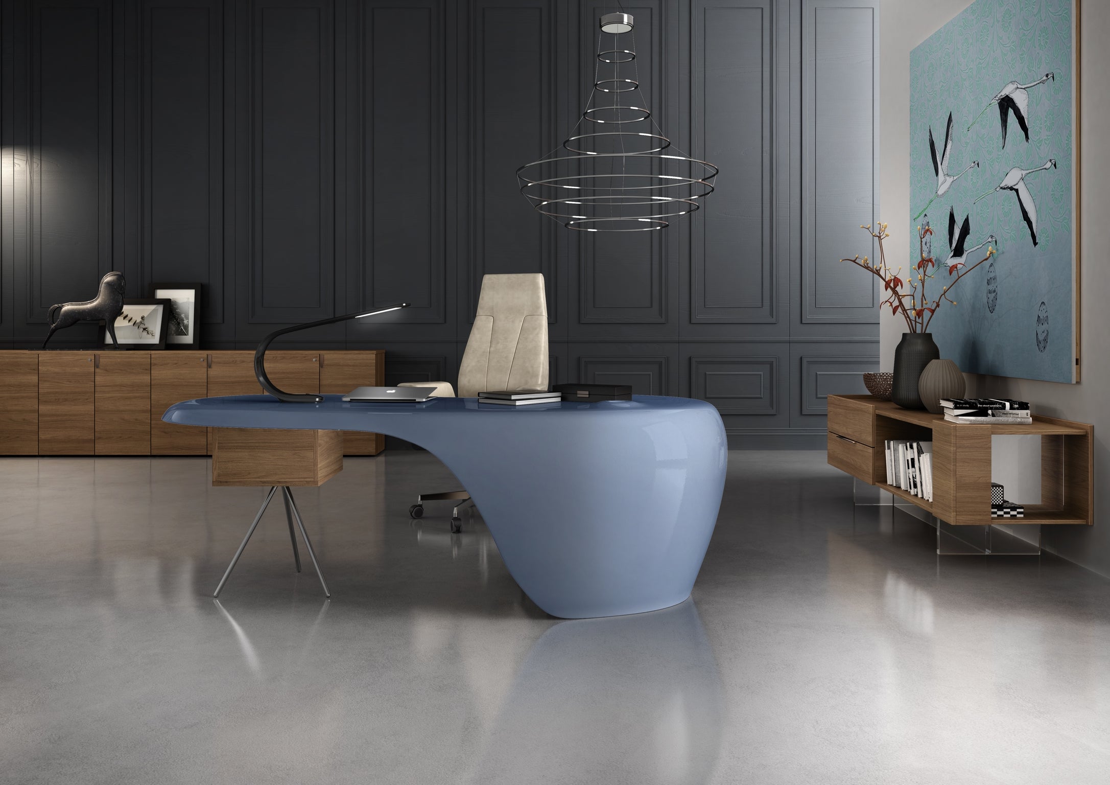 Bureau moderne doté du bureau de direction ORBITAL One Laqué & Rangement de Monsieur Bureau, associé à une chaise beige, des armoires en bois, un tableau d'oiseaux abstraits, un luminaire en spirale, des murs à panneaux sombres et des sols polis pour un look épuré.#finitions_azur_libre_metallisé