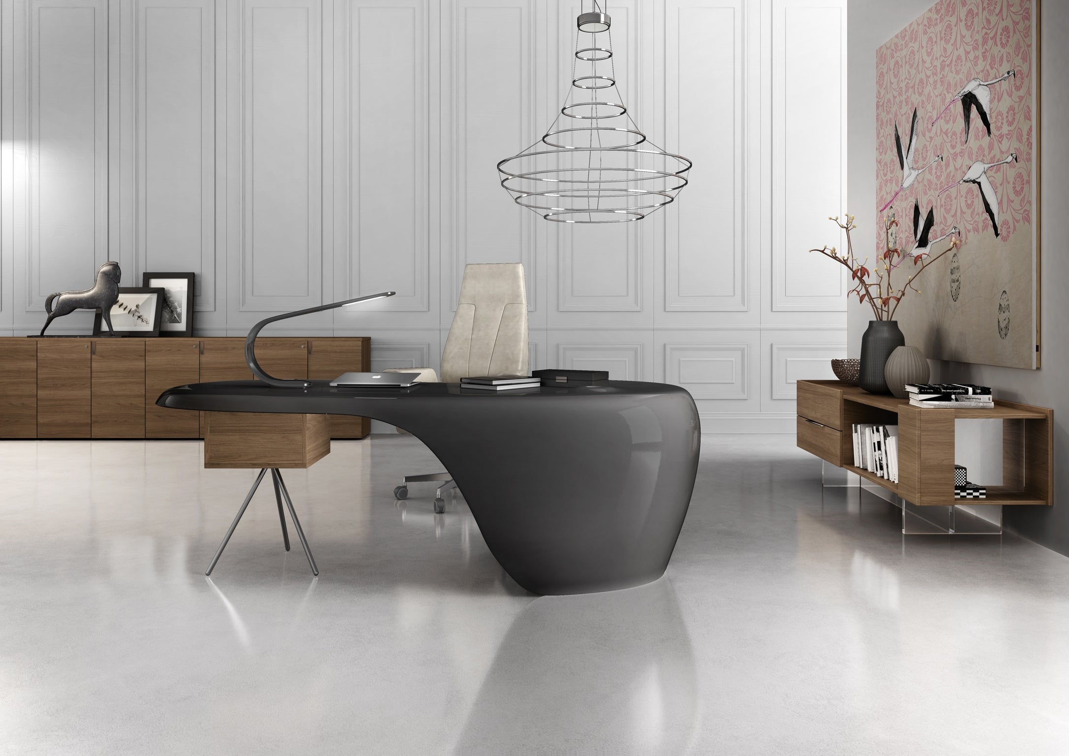 Bureau de direction ORBITAL One Laqué & Rangement de Monsieur Bureau, associé à une chaise beige, un décor minimaliste, un buffet en bois, un tableau mural d'oiseaux et un lustre moderne en fil de fer.#finitions_noir_tempete_brillant