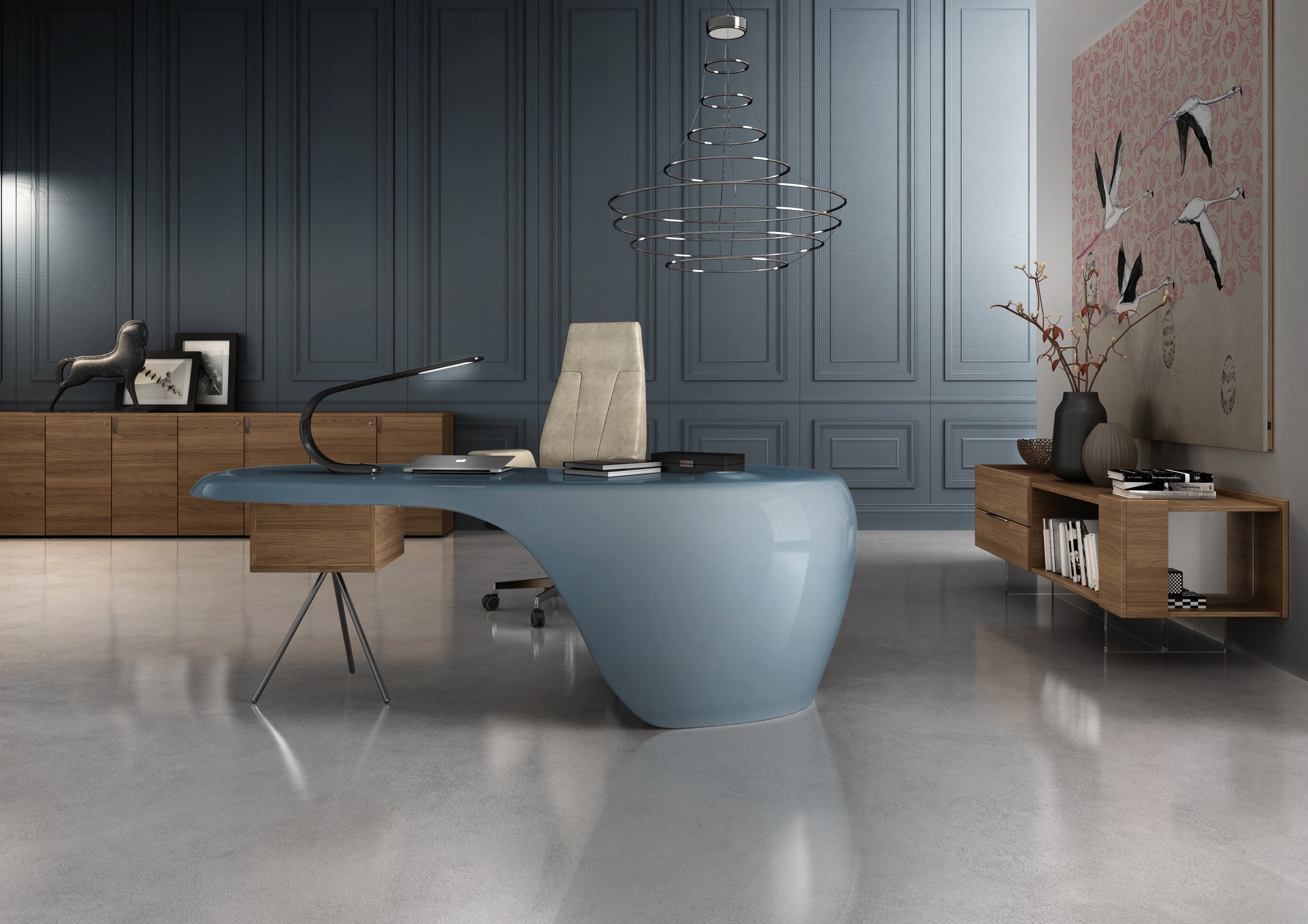 Un bureau moderne avec le bureau bleu Monsieur Bureau ORBITAL One Laqué & Rangement, une chaise beige, des meubles de prestige minimalistes, un lustre abstrait, des armoires en bois et un tableau d'art d'oiseaux en rose sur des murs bleus pour un look épuré.#finitions_reflet_d'eau_metallisé