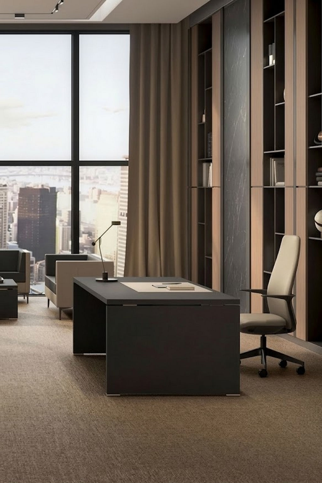 Un bureau moderne avec un bureau Monsieur Bureau Bureau de Direction Olympe L160 à 220 cm, une chaise ergonomique, des étagères et une vue sur la ville. Le meuble professionnel de Monsieur Bureau et le décor minimaliste créent une atmosphère raffinée et professionnelle.#finitions_noir