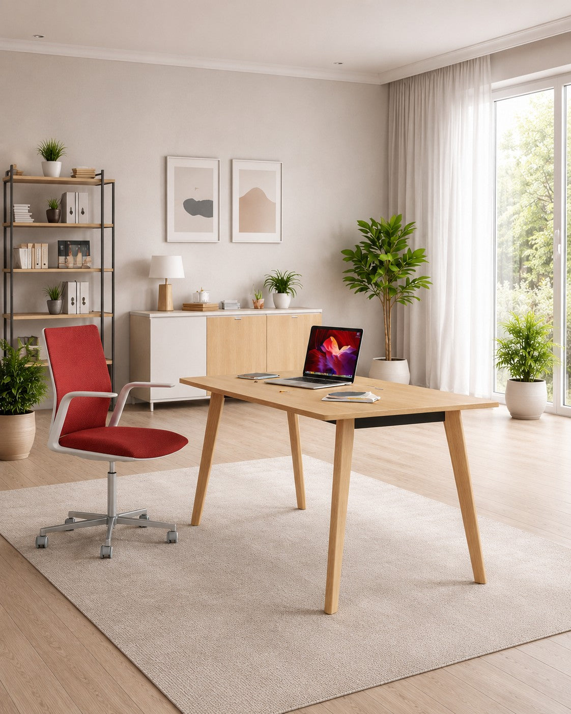 Un bureau à domicile élégant comprend le Bureau Droit Nature Wood style Scandinave de Monsieur Bureau, une chaise pivotante rouge, un ordinateur portable, un bloc-notes et un smartphone. L'espace comprend des plantes, des œuvres d'art murales, des étagères et de grandes fenêtres avec des rideaux diaphanes.#Finitions_plateau_Chêne