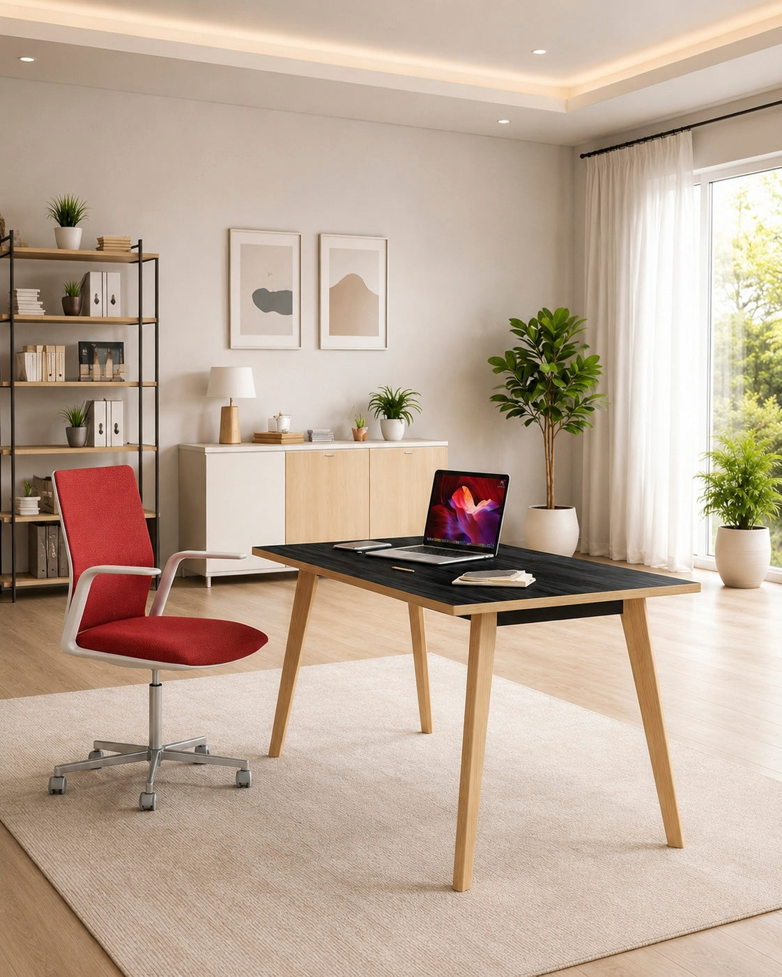 Un bureau à domicile lumineux et aéré avec le bureau Monsieur Bureau "Bureau Droit Nature Wood style Scandinave", un ordinateur portable ouvert, un carnet de notes, un stylo, un smartphone et une chaise rouge. Des plantes, des étagères et des œuvres d'art encadrées agrémentent l'espace doté de grandes fenêtres.#Finitions_plateau_Frêne Noir Chants Chêne