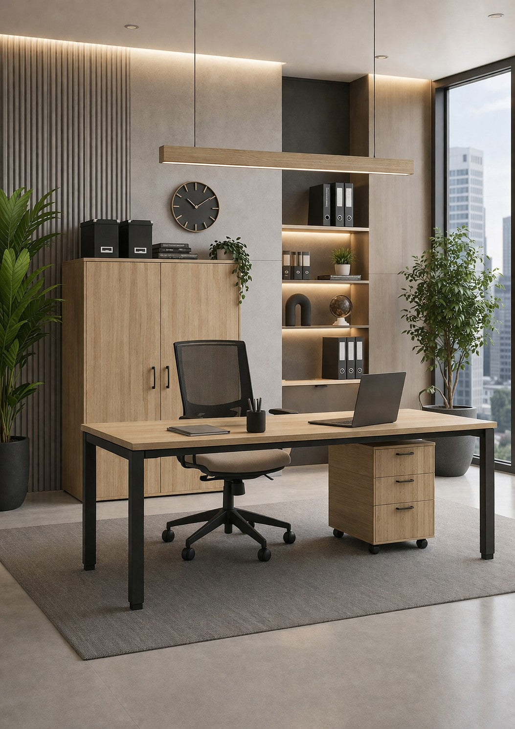 Bureau moderne comprenant le Bureau professionnel individuel Tempo P60 cm de Monsieur Bureau, une chaise noire, un ordinateur portable, des armoires, des étagères, des plantes, une horloge murale et des vues de la ville. Les tons neutres et le décor minimal créent un espace de travail à distance idéal.
