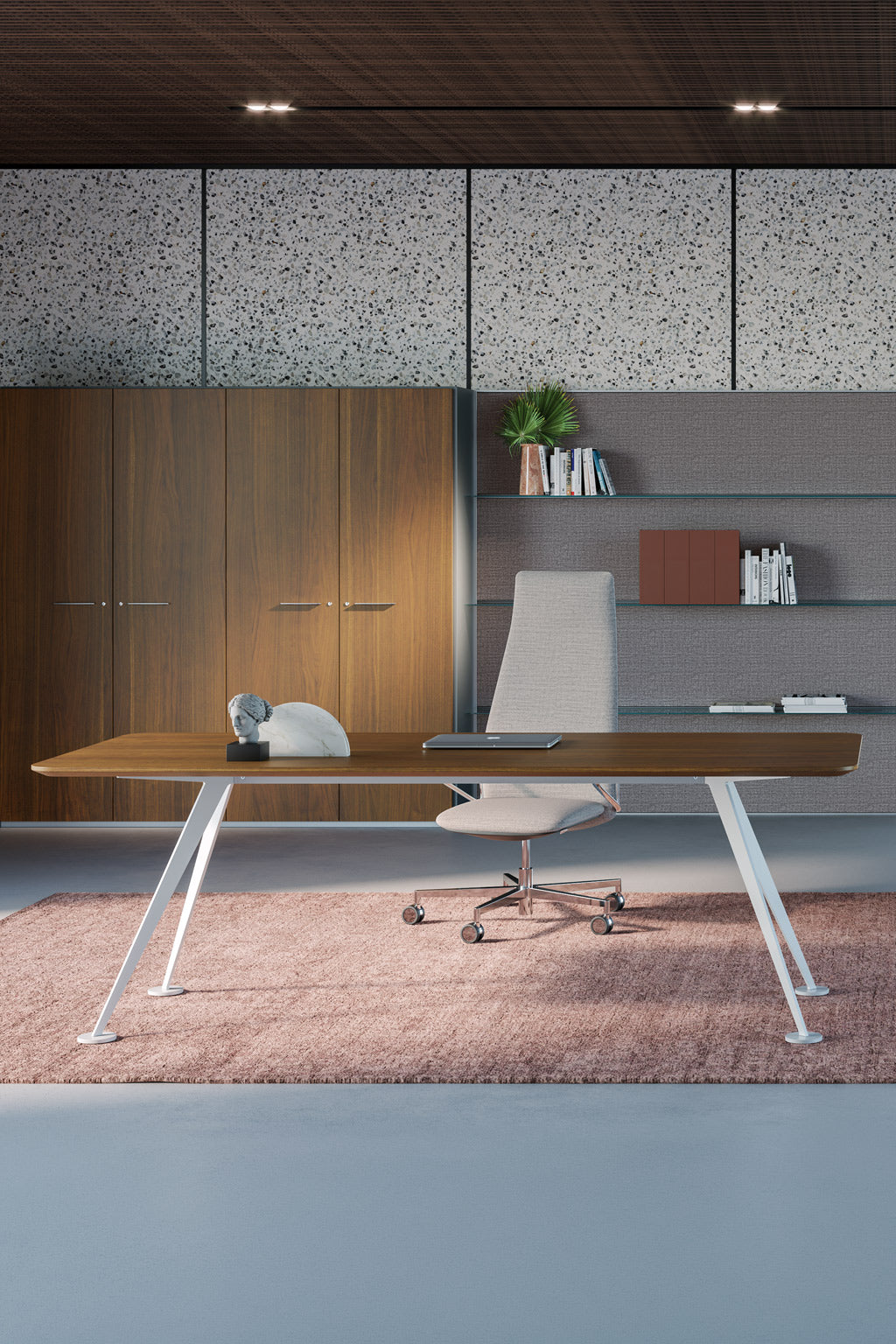 Le Bureau de direction Spike design by Monsieur Bureau est un bureau moderne composé d'un bureau en bois, d'une chaise grise élégante, d'étagères avec des livres et une plante, d'armoires en bois, d'un tapis mauve, d'un ordinateur portable et d'un objet sculptural blanc posé sur le bureau.#combo_noyer_blanc