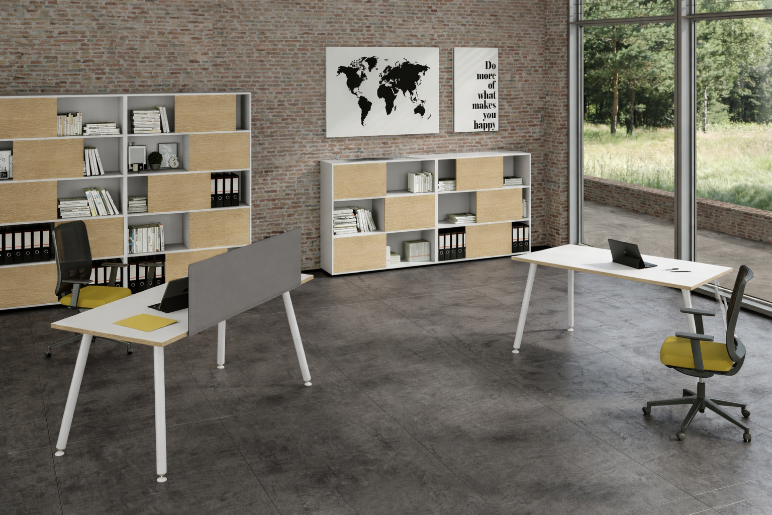 Le bureau lumineux et organisé présente le style scandinave du Bureau Droit Nature Métal de Monsieur Bureau, avec trois bureaux, des chaises, des étagères ouvertes, des ordinateurs portables et des dossiers. De grandes fenêtres laissent apparaître de la verdure ; les murs en briques affichent une carte du monde et des citations motivantes. #Finitions plateau_Blanc/Chants Chêne
