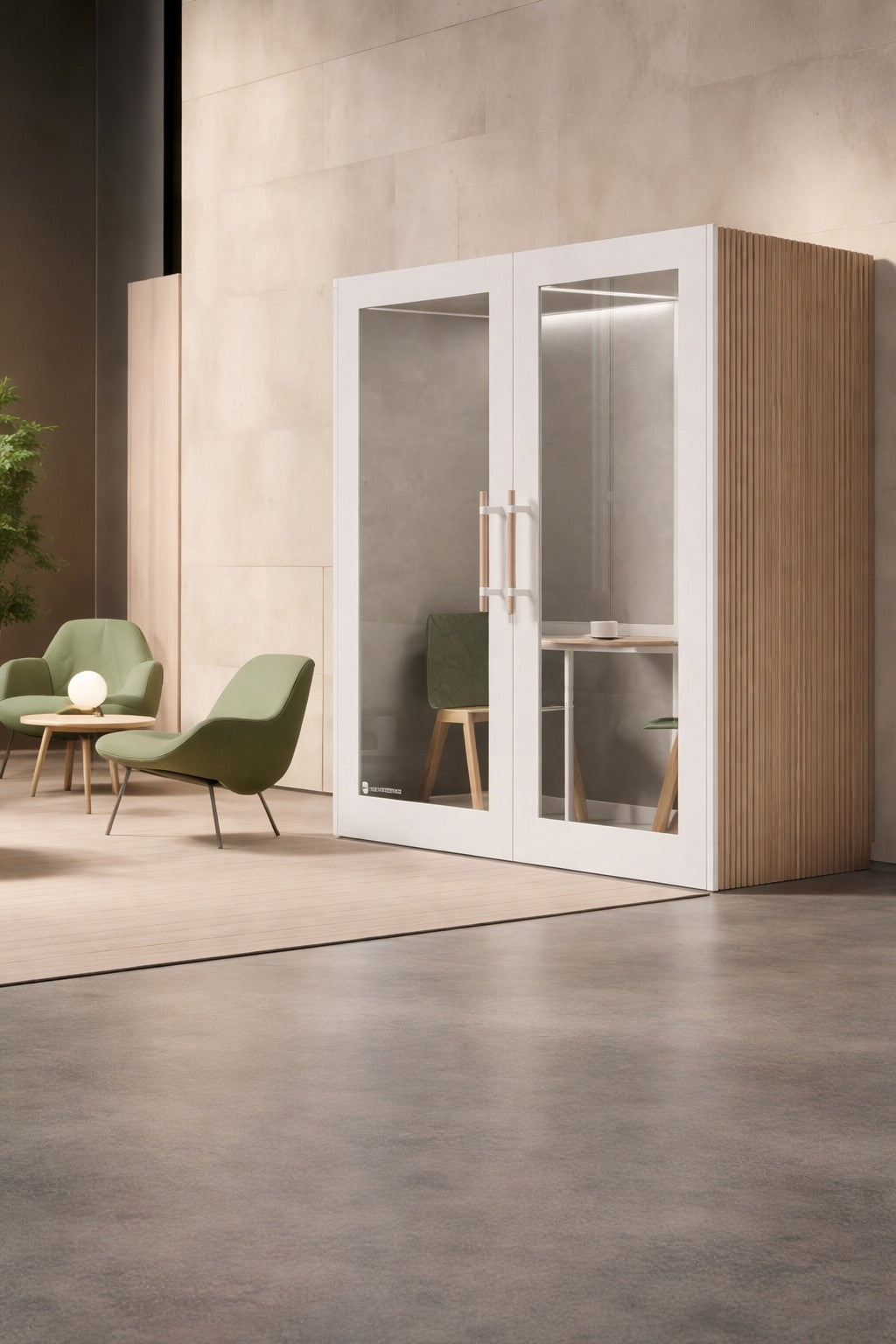 Un bureau ouvert moderne avec des chaises vertes, une petite table ronde et la Cabine Acoustique Double No Sound Executive 2 pers de Monsieur Bureau avec des accents en bois sur un mur beige, un sol en béton poli et une plante sur la gauche.#finitions_blanc