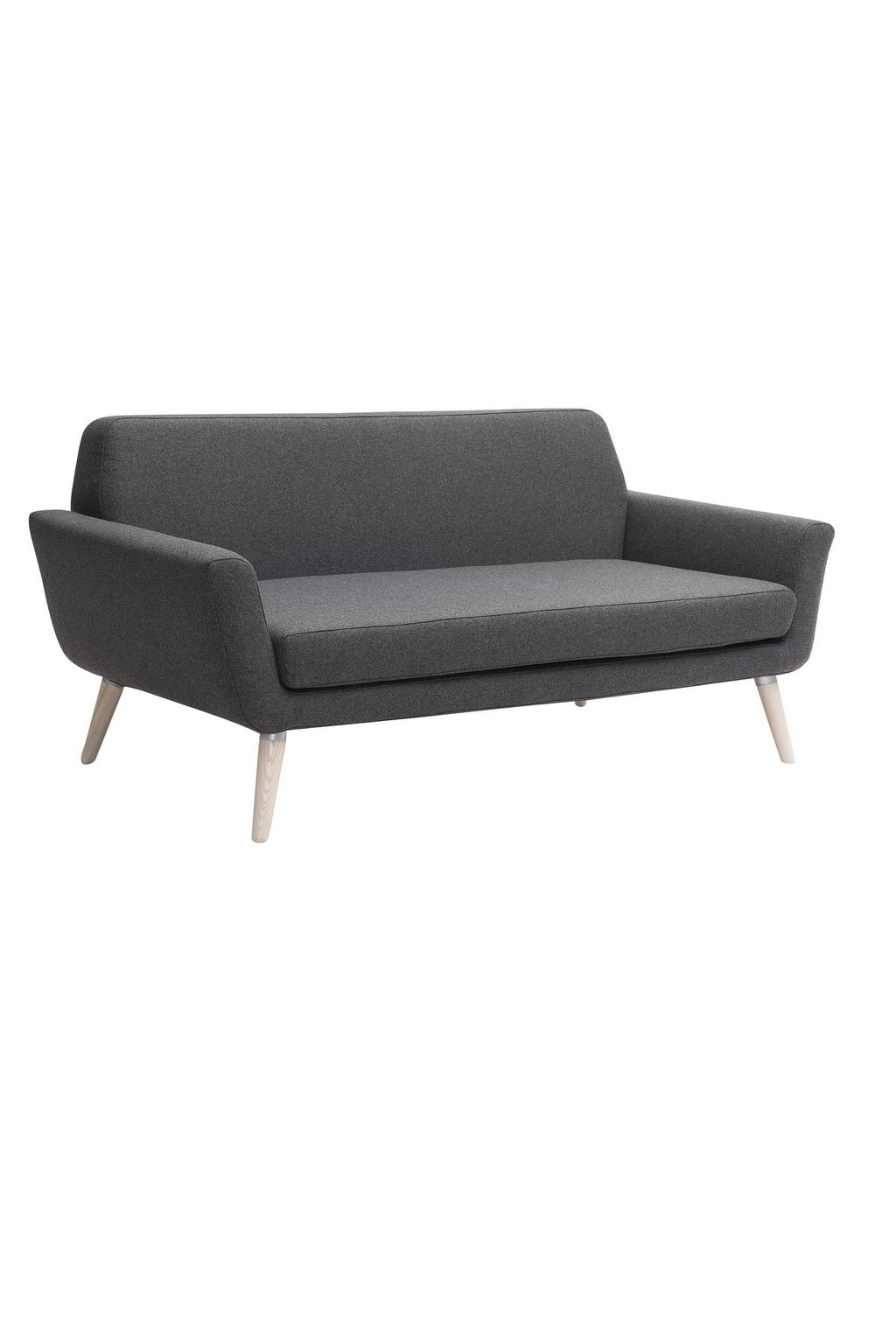 Le Canapé scandinave Natt de Robert ZOLLER (Monsieur Bureau) est un canapé deux places moderne en gris foncé avec des accoudoirs en angle et des pieds en bois clair, mettant en valeur le confort scandinave sur un fond blanc.