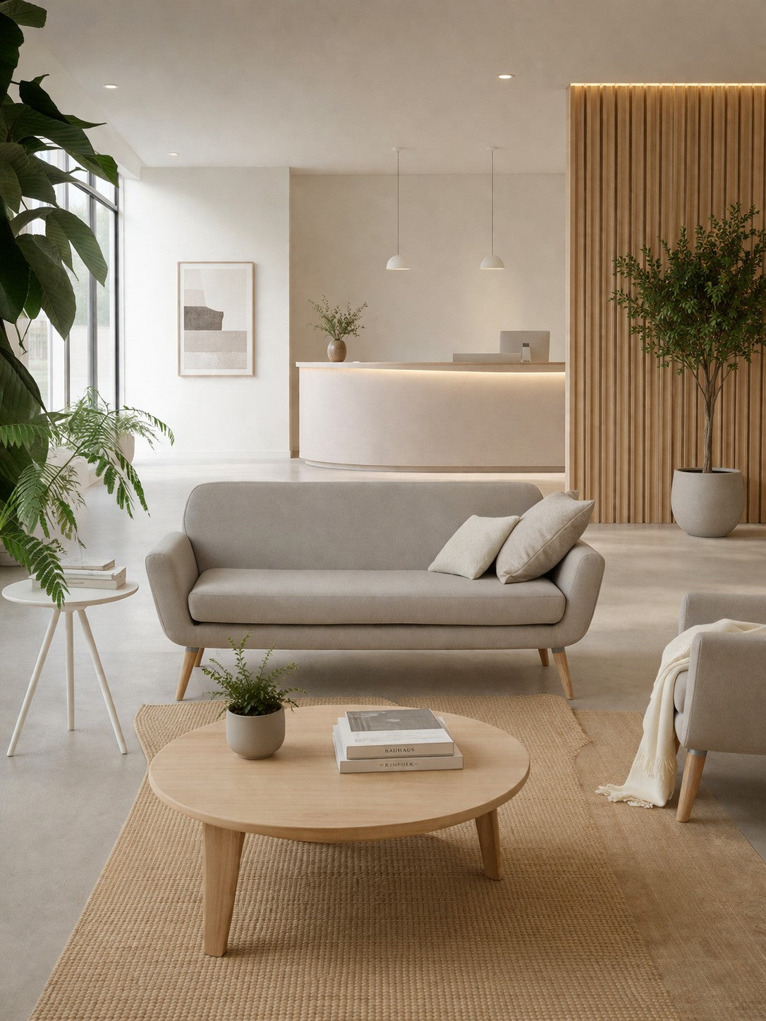 Un hall d'entrée moderne présente le Canapé scandinave Natt 2 places de Robert ZOLLER de Monsieur Bureau en gris clair, associé à une table basse ronde en bois, à des plantes en pot, à des tons neutres et à la lumière naturelle pour une ambiance scandinave.#finitions_gris_clair