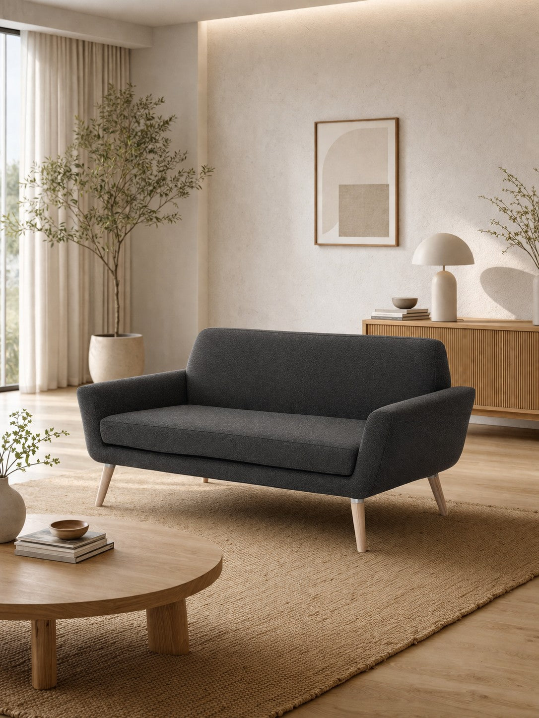 Un salon moderne avec une touche scandinave, comprenant le Canapé scandinave Natt de Robert ZOLLER (Monsieur Bureau), une table basse ronde en bois, un tapis beige, des plantes, de l'art abstrait et un buffet en bois, le tout dans une lumière naturelle et des tons neutres.#finitions_anthracite
