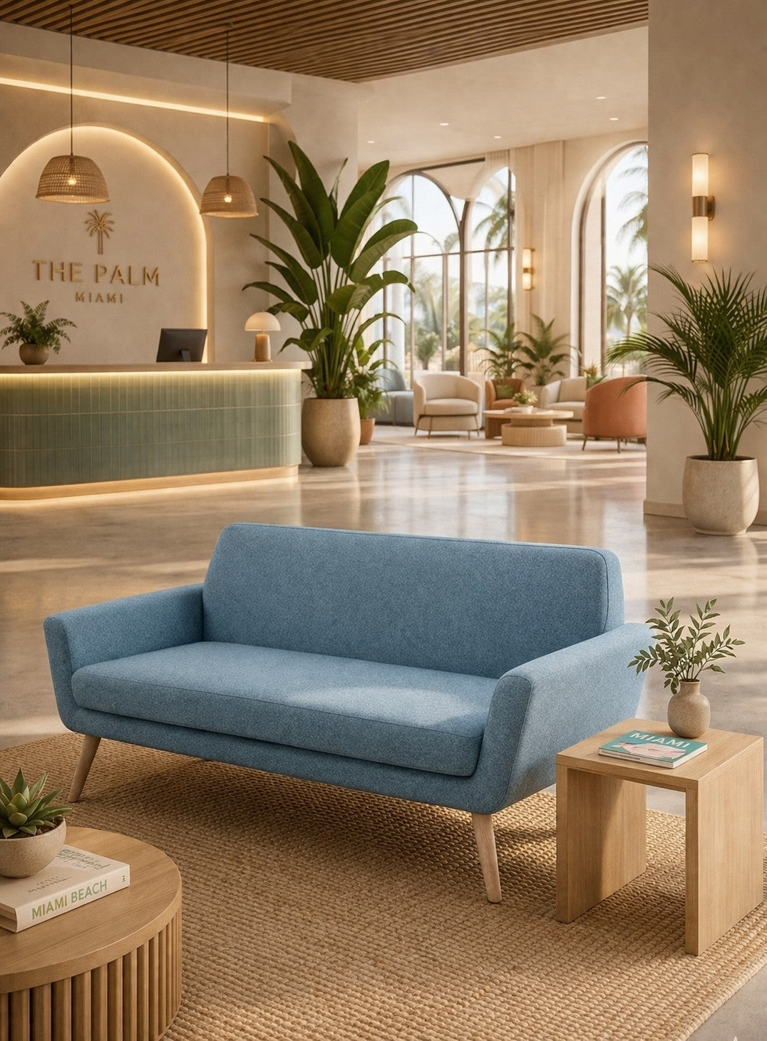 Le hall d'entrée de l'hôtel moderne présente le Canapé scandinave Natt de Robert ZOLLER - 2 places de Monsieur Bureau, une table basse en bois, des plantes en pot, de grandes fenêtres et un bureau d'accueil "The Palm Miami". La lumière du soleil crée une atmosphère chaleureuse avec un confort scandinave#finitions_bleu
