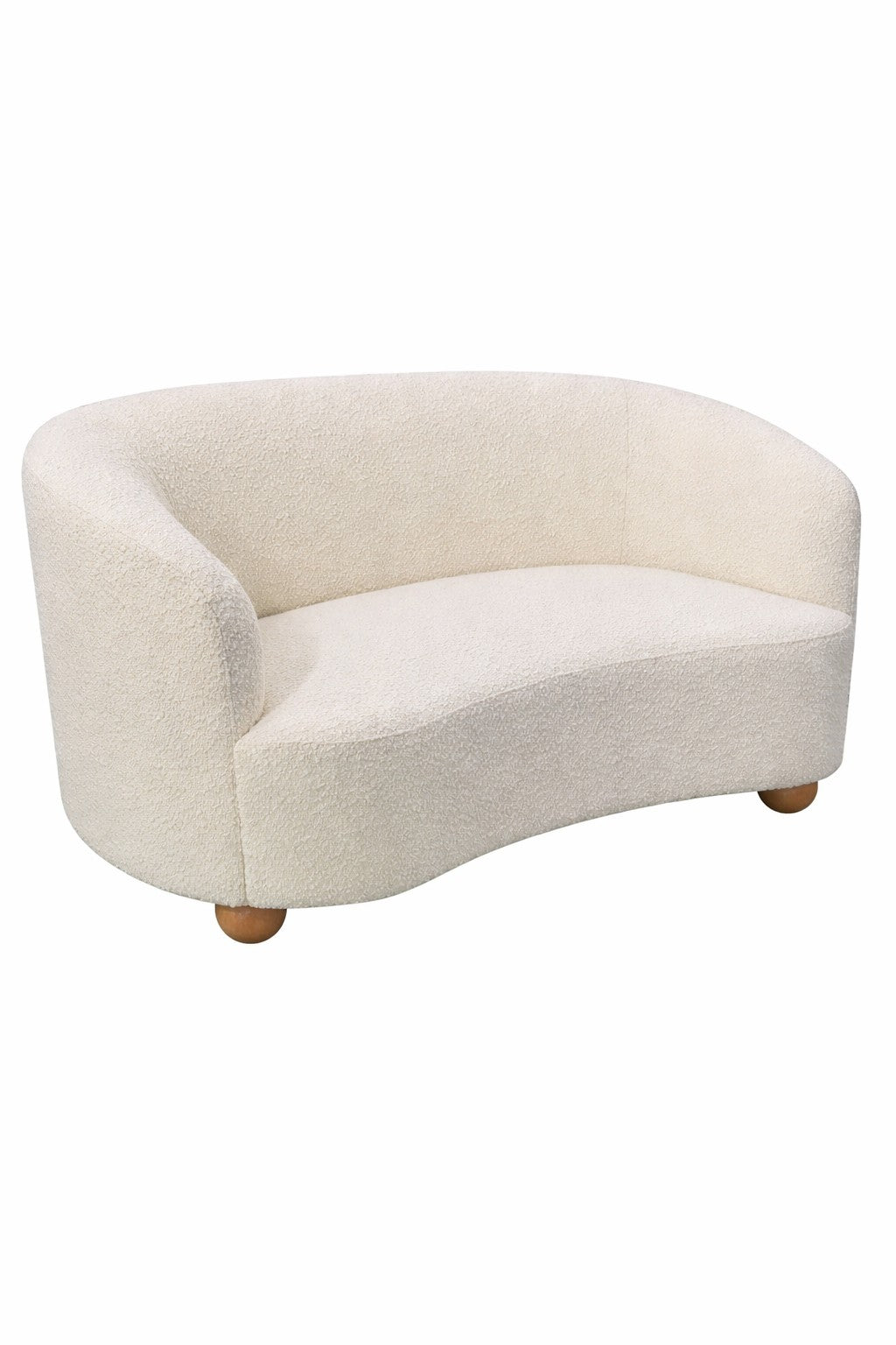 Le canapé d'accueil Kurl 2 places tissu bouclette de Monsieur Bureau présente un design crème moderne et incurvé avec un tissu bouclette texturé, un dossier arrondi et de petits pieds ronds en bois.