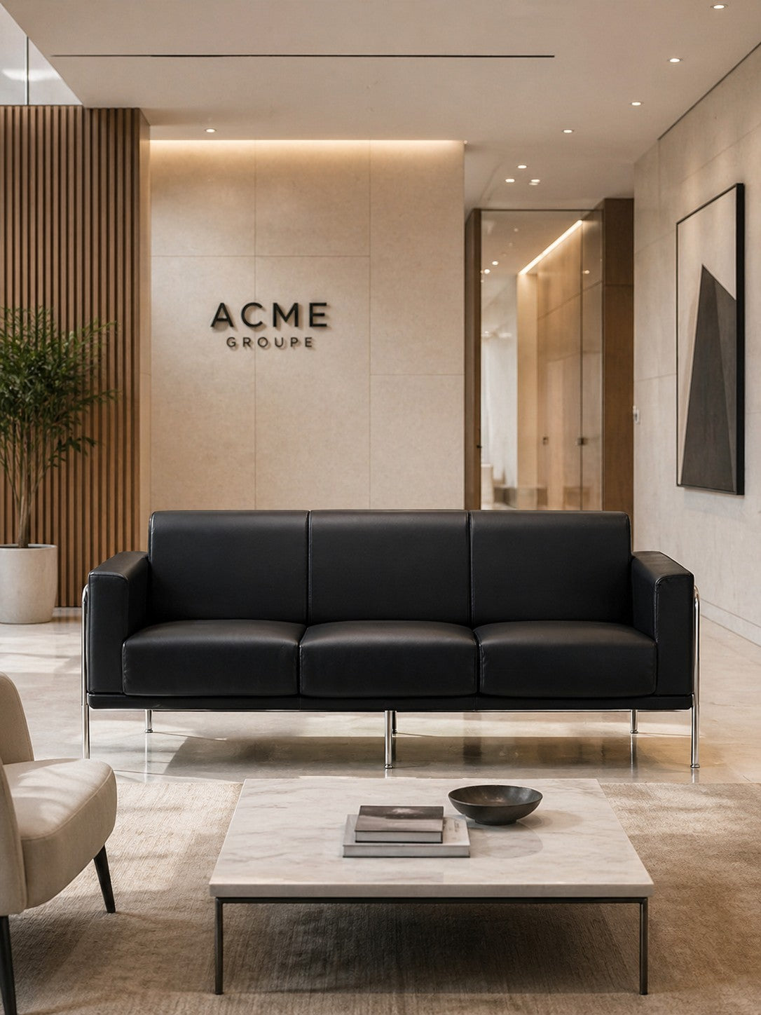 Un hall d'accueil moderne avec un Canapé d'accueil Matis en simili-cuir 2/3 places de Monsieur Bureau, une table basse en marbre, un décor minimal, le logo ACME GROUPE sur un mur beige, des tons neutres, des panneaux de bois, une plante en pot, et de l'art abstrait.