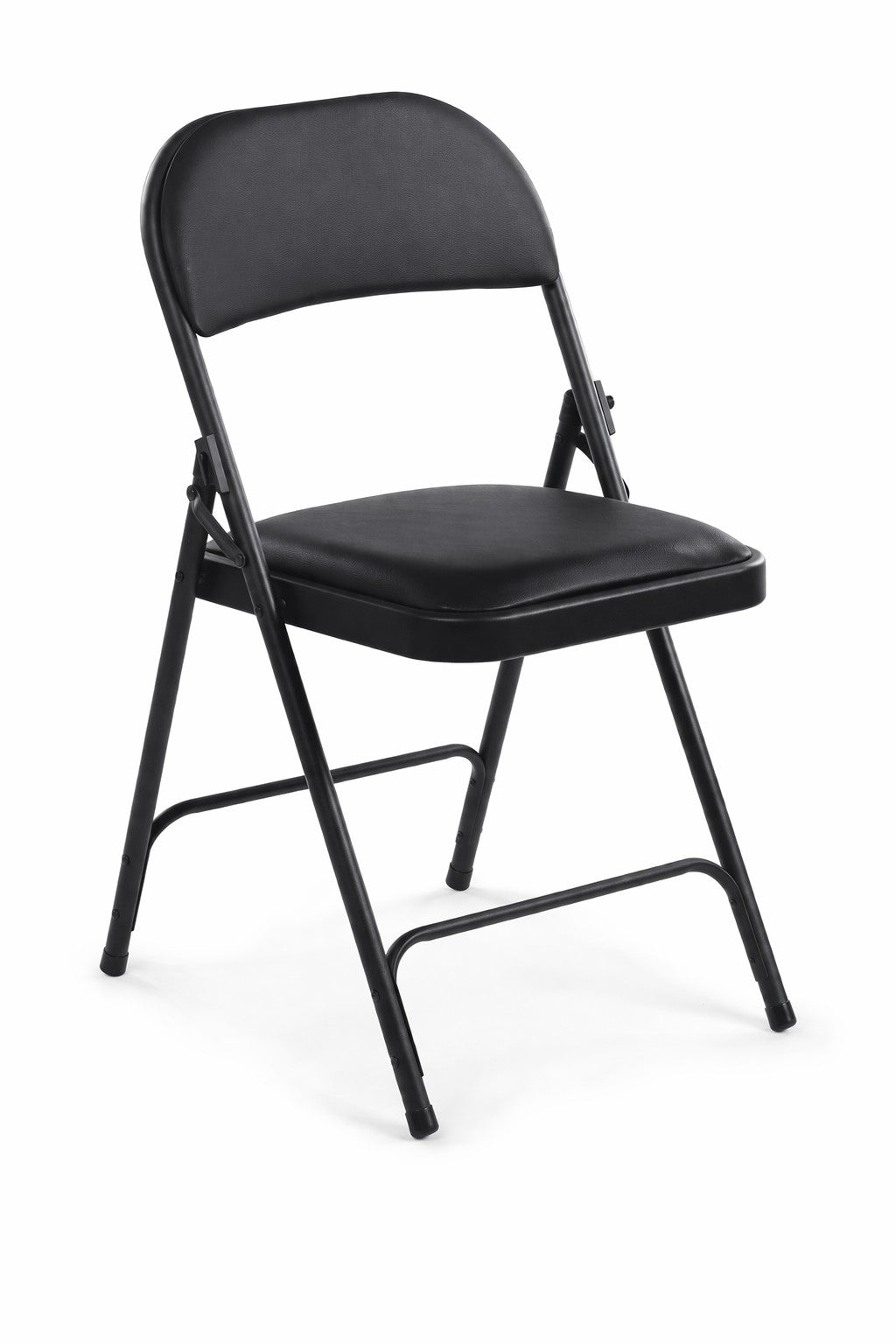 La Chaise pliante accrochable Plius de Monsieur Bureau est composée d'une assise et d'un dossier en vinyle noir, avec une structure en métal, sur fond blanc.