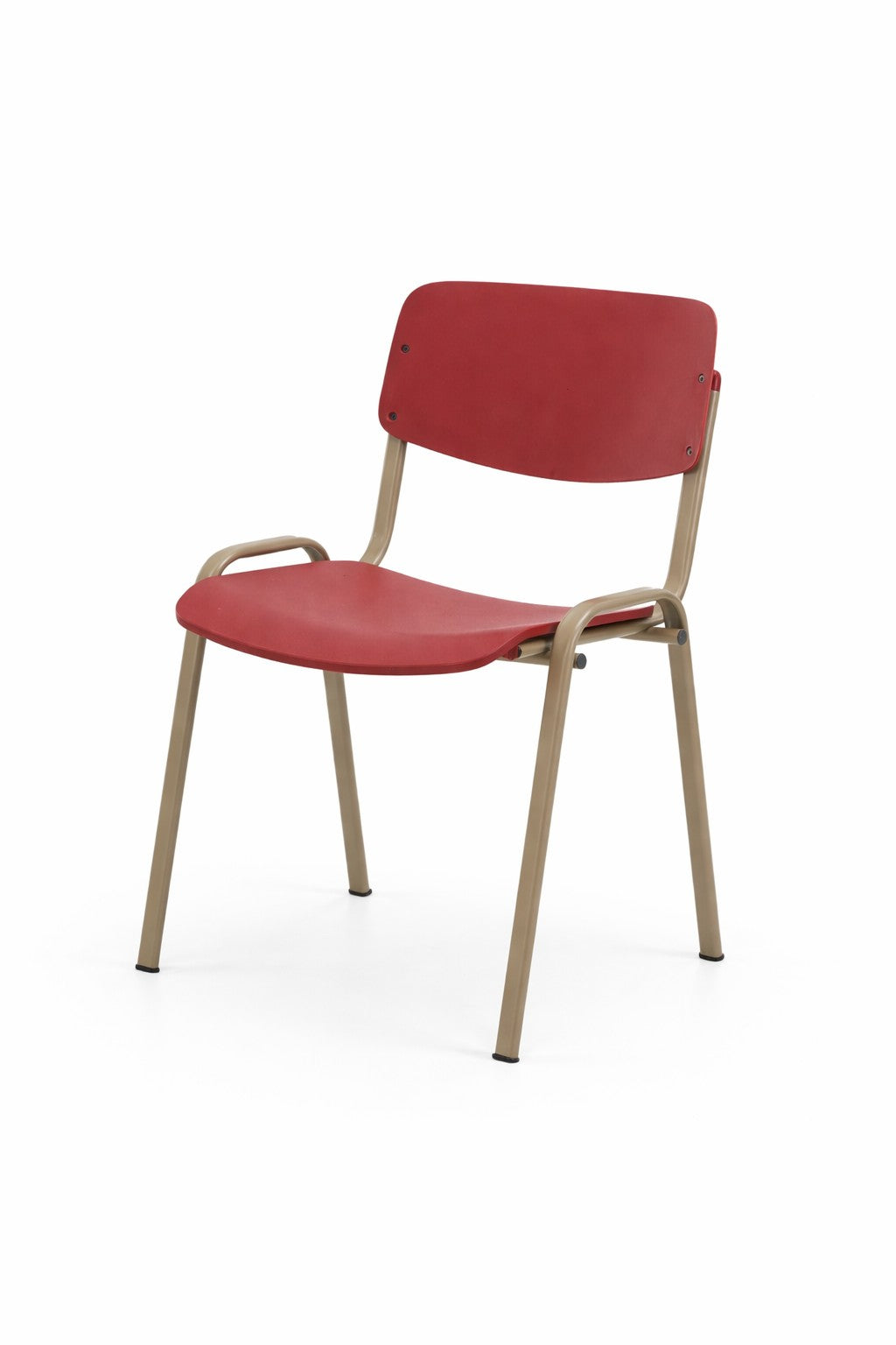 La Chaise de collectivité Suly - Empilable de Monsieur Bureau est composée d'une assise et d'un dossier en plastique rouge, d'une structure en métal clair et de quatre pieds - idéale pour les espaces professionnels - sur fond blanc.