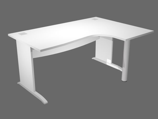 Monsieur Bureau Solution Modulaire de bureau Compact Curvy est un bureau blanc en forme de L avec une surface lisse, deux trous pour les câbles et des pieds robustes, présenté sur un fond gris uni.