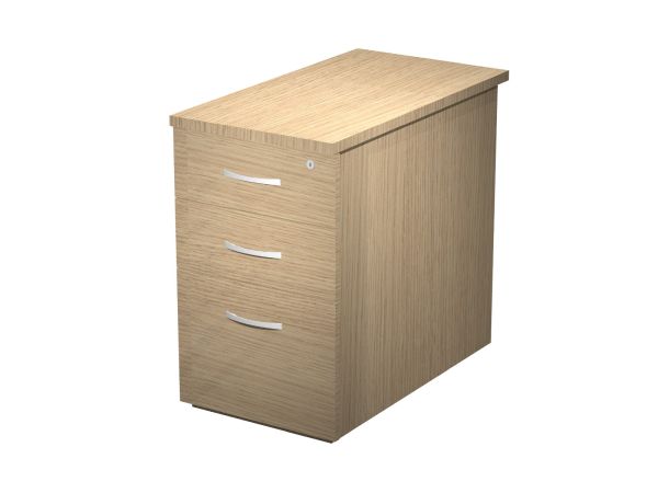 La Solution Modulaire de bureau Courbe Curvy de Monsieur Bureau est un caisson de bureau en bois clair avec trois tiroirs et des poignées argentées, idéal pour le rangement sous le bureau et parfait pour tout bureau professionnel moderne.