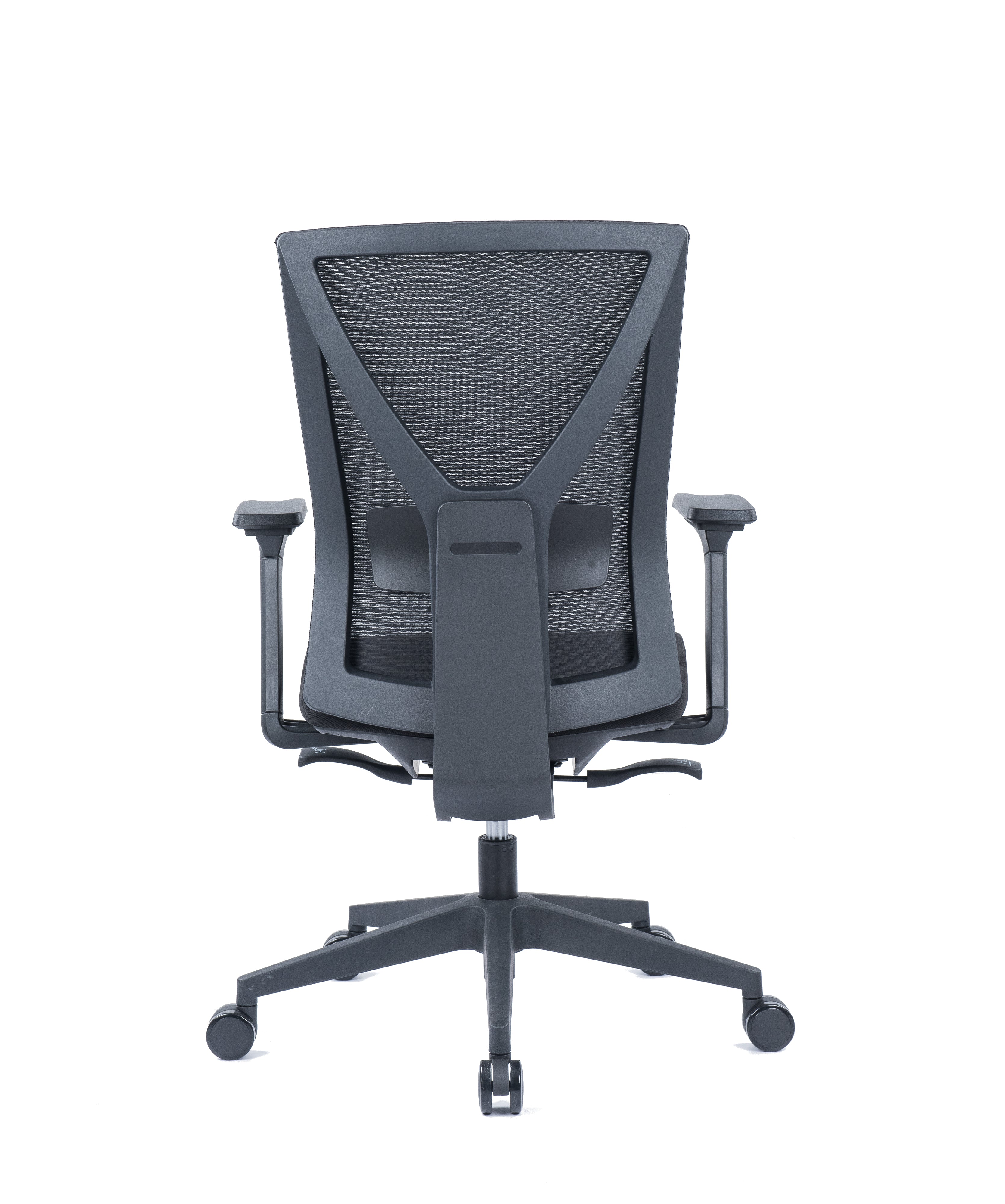Le fauteuil Auriga Mécanisme Basculant Décentré de Monsieur Bureau, noir avec dossier en mesh, accoudoirs réglables et base à cinq roulettes, vu de dos sur fond blanc, parfait pour un confort professionnel.
