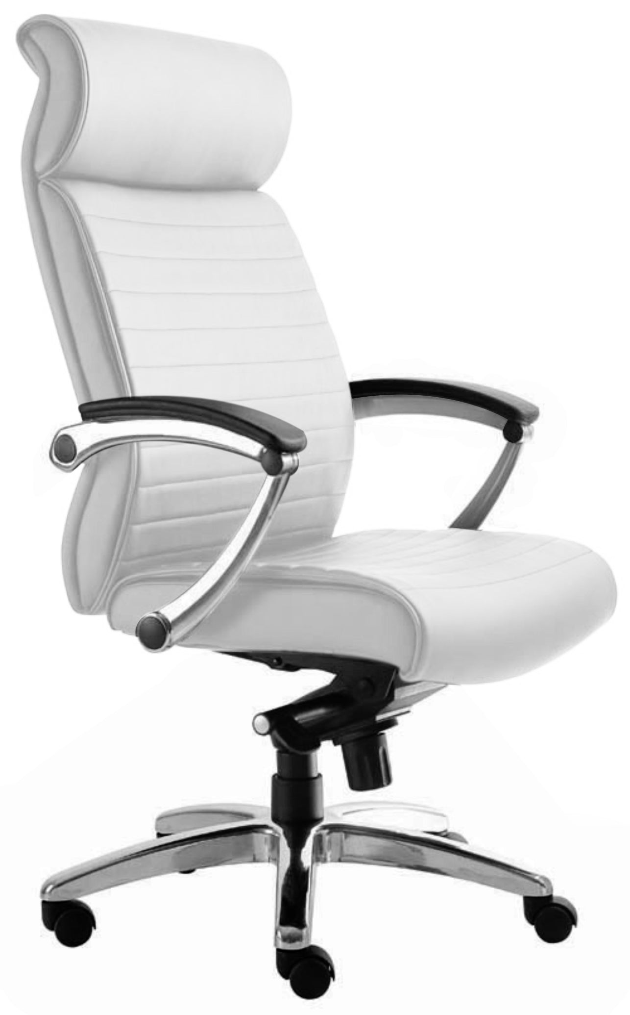 Le Fauteuil de direction cuir Hydri de Monsieur Bureau est doté d'un dossier haut, d'une assise et d'un dossier rembourrés, d'accoudoirs chromés, d'une base chromée à cinq roues et d'un mécanisme synchrone pour un confort ergonomique dans un design blanc moderne.