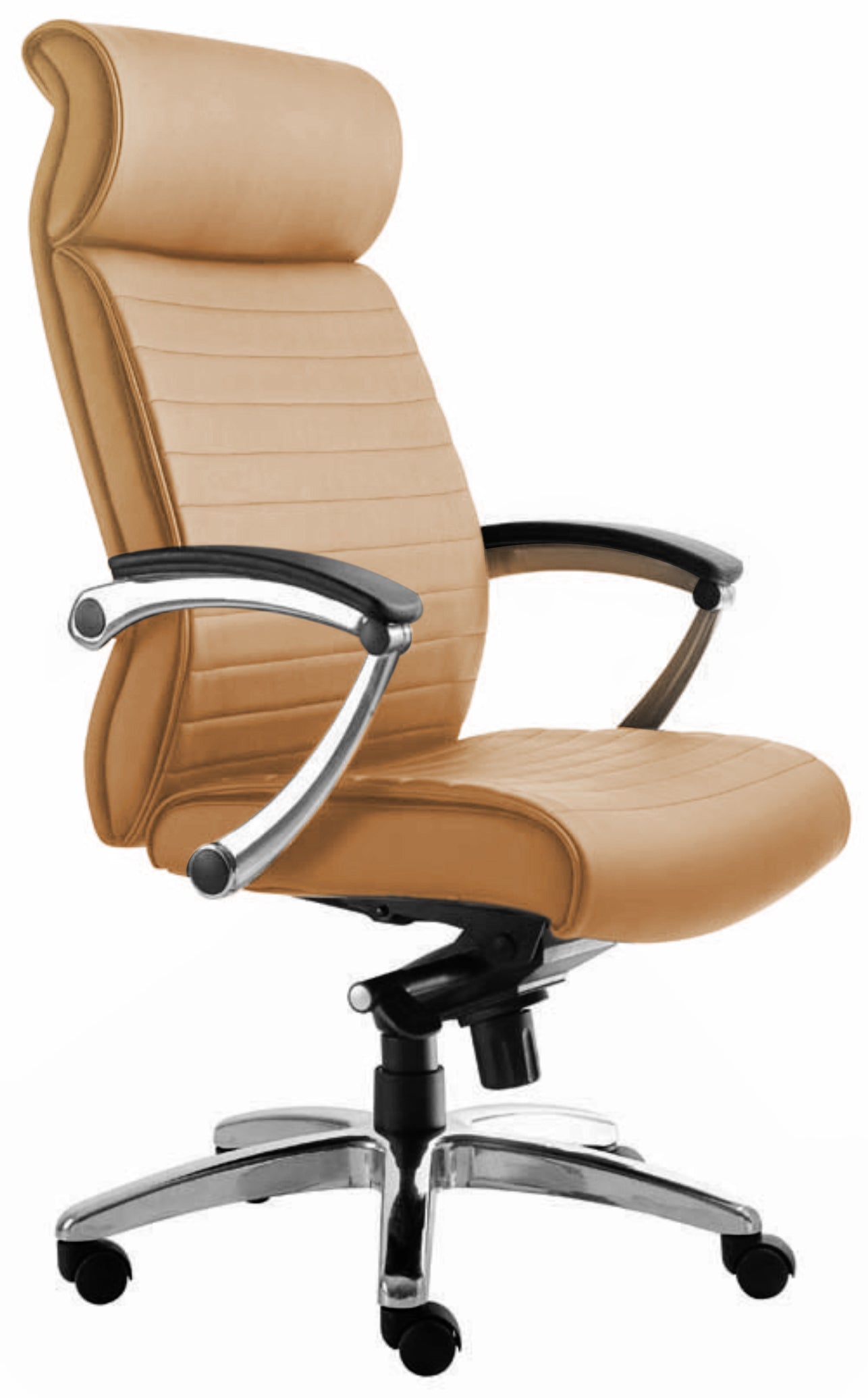 Le Fauteuil de direction cuir Hydri de Monsieur Bureau est doté d'un dossier haut, d'une assise rembourrée, de coutures horizontales, d'accoudoirs en métal avec rembourrage noir et d'une base pivotante chromée avec roulettes pour une expérience ergonomique synchrone.#finitions_havane