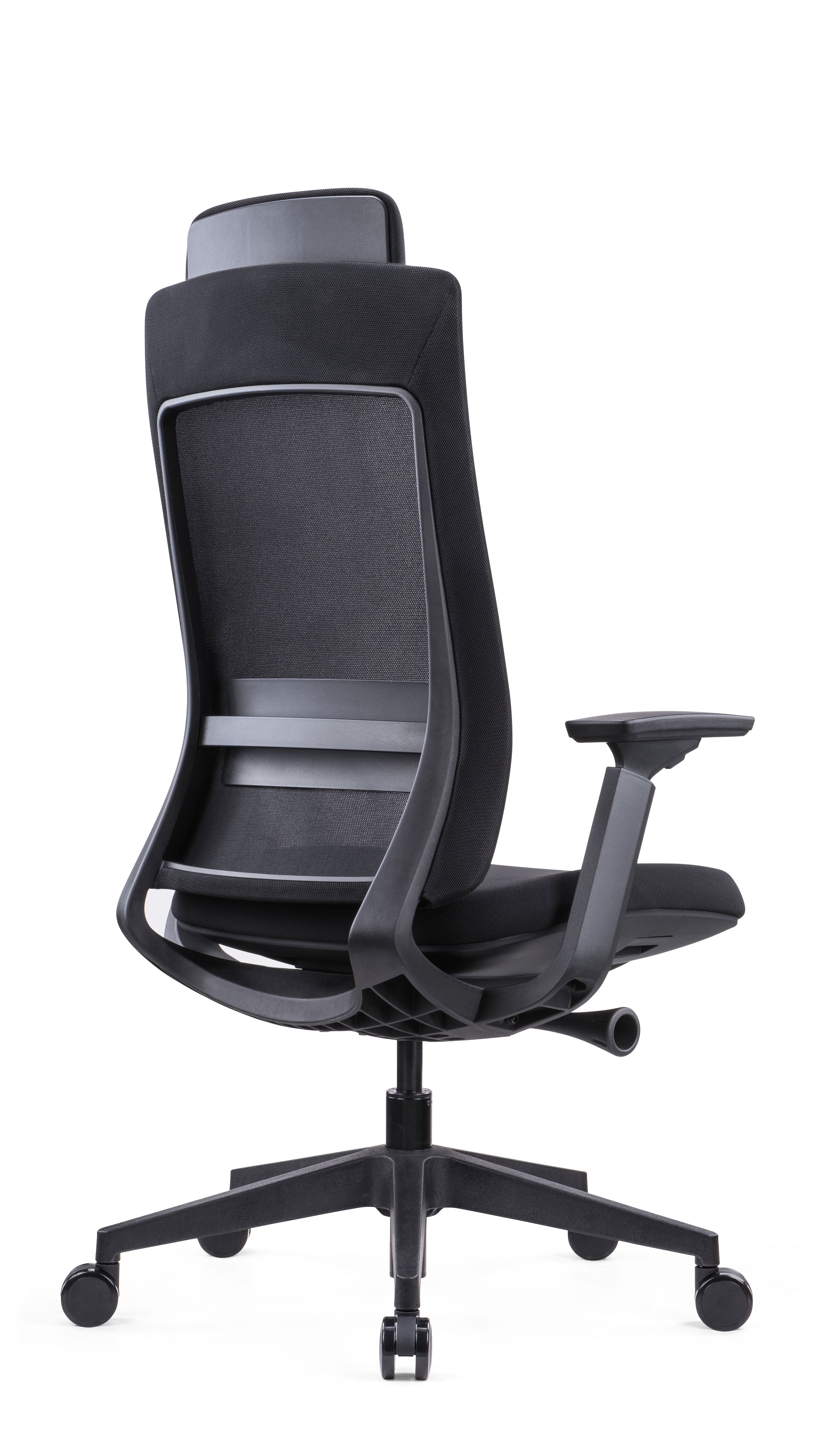 Le fauteuil Monsieur Bureau Fauteuil Bureau Ergo Cephee Synchrone Tetiere présente un design moderne noir, un dossier en maille, des accoudoirs réglables, un support lombaire et une assise ultra-haute densité, vue de dos sur fond blanc.